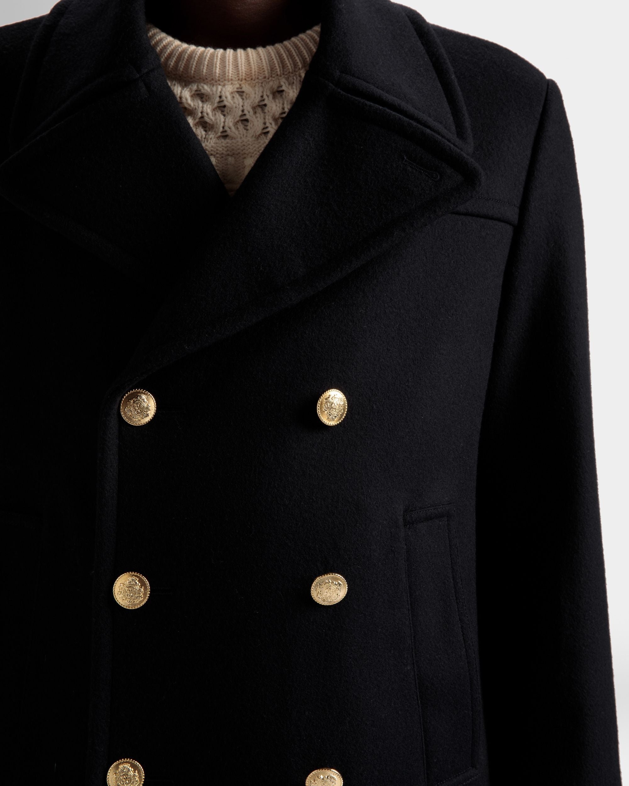 Bally Global - Double Breasted Coat In Navy Wool Mix - Blue