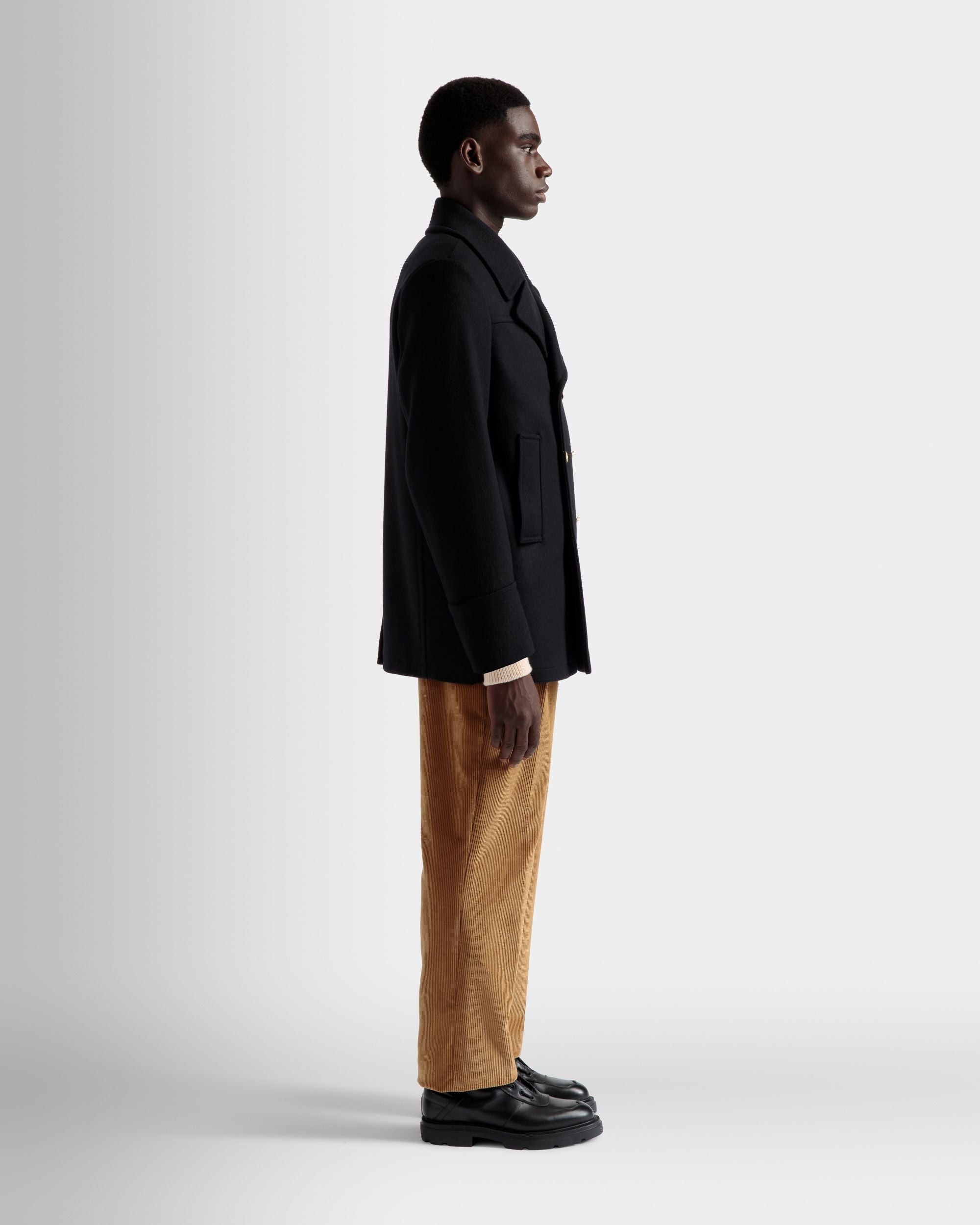 Bally Global - Double Breasted Coat In Navy Wool Mix - Blue