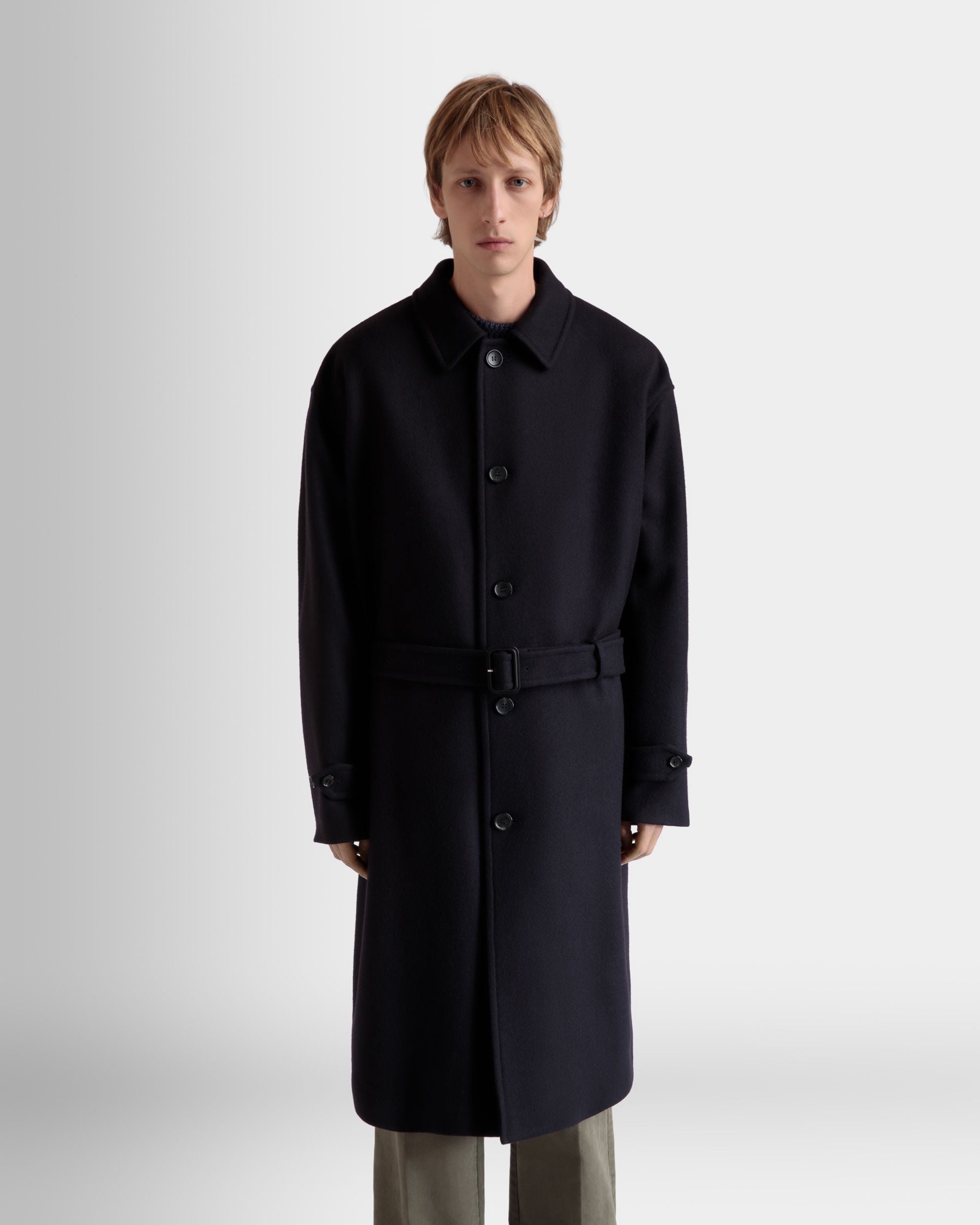 Bally Global - Single-breasted Coat In Navy Blue Wool Blend - Blue