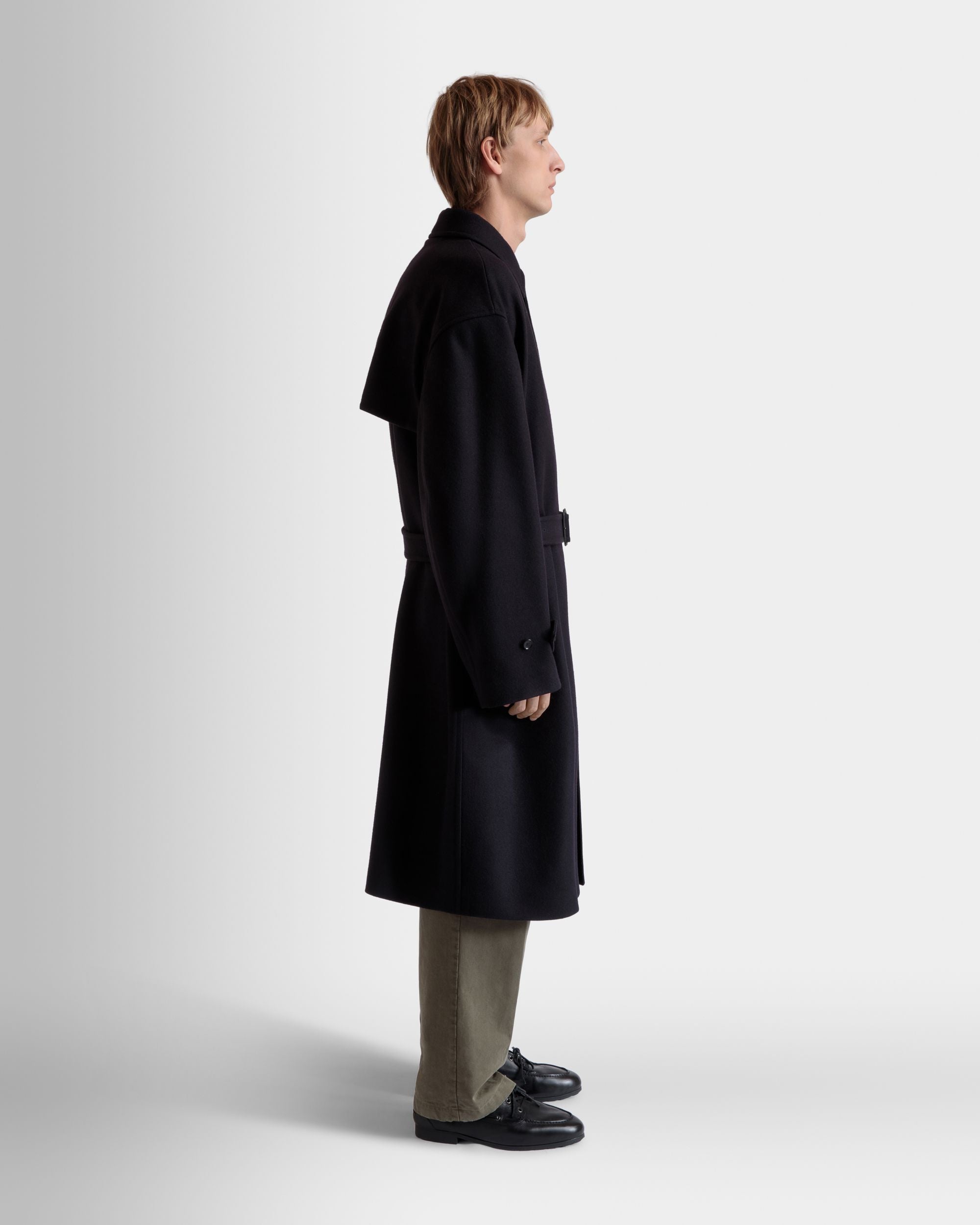 Bally Global - Single-breasted Coat In Navy Blue Wool Blend - Blue