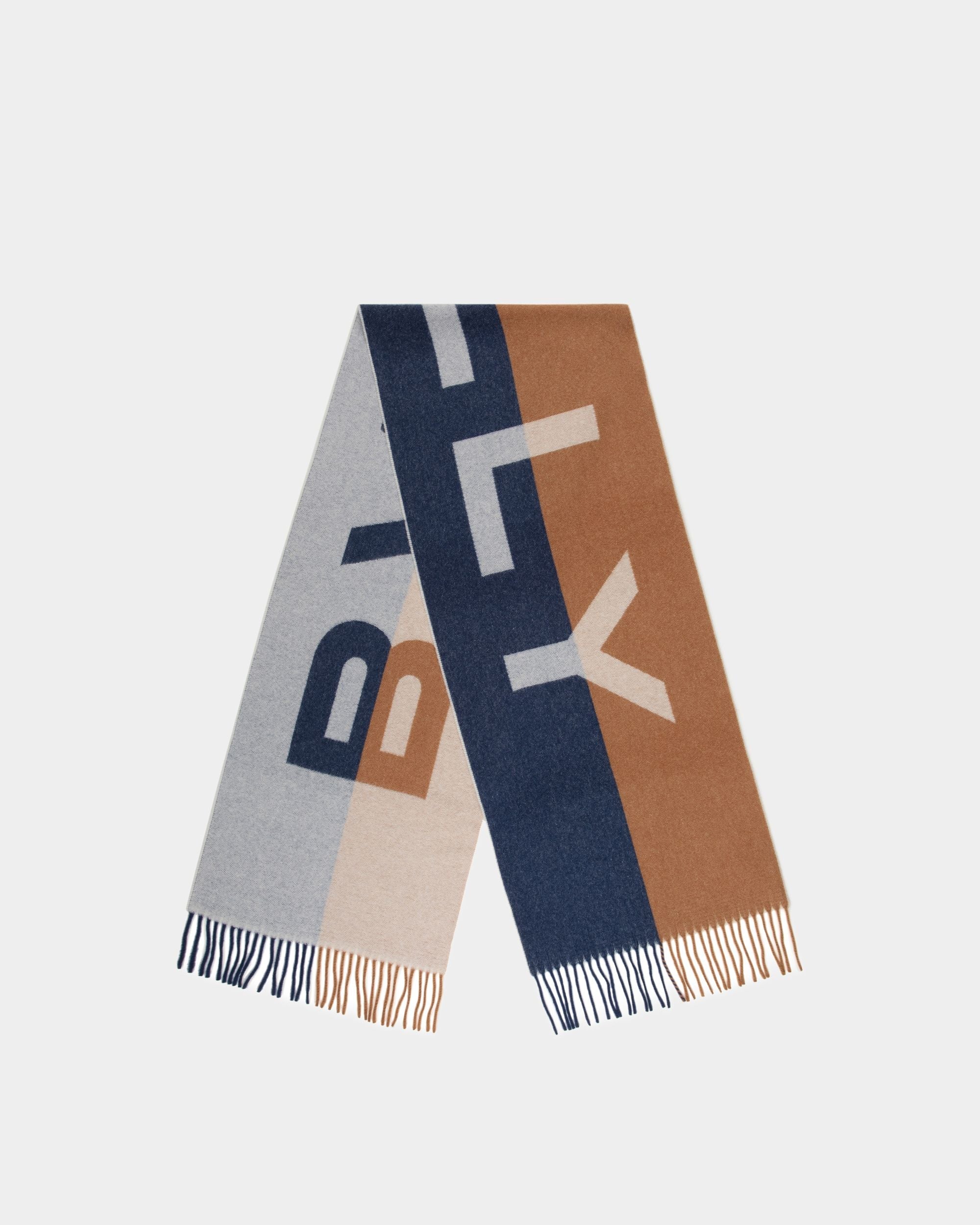 Bally Global - Scarf with a Bally Logo in Brown and Navy Blue Wool - Multicolor