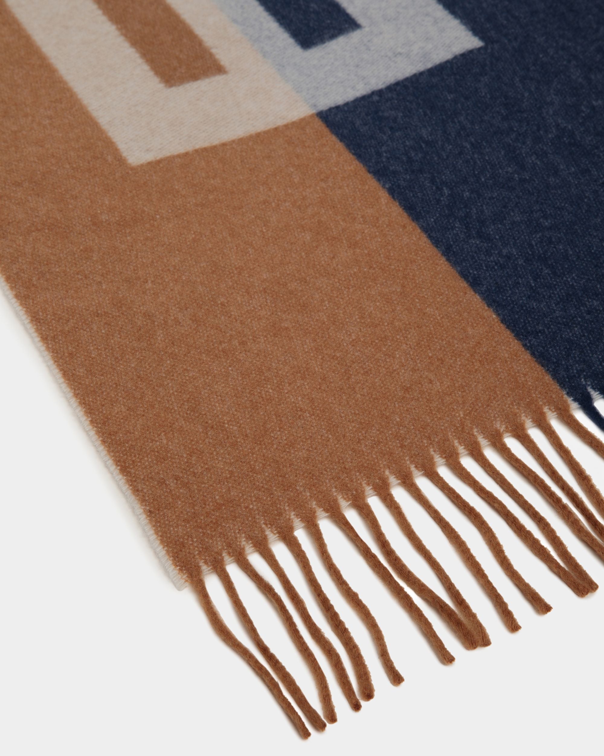 Bally Global - Scarf with a Bally Logo in Brown and Navy Blue Wool - Multicolor