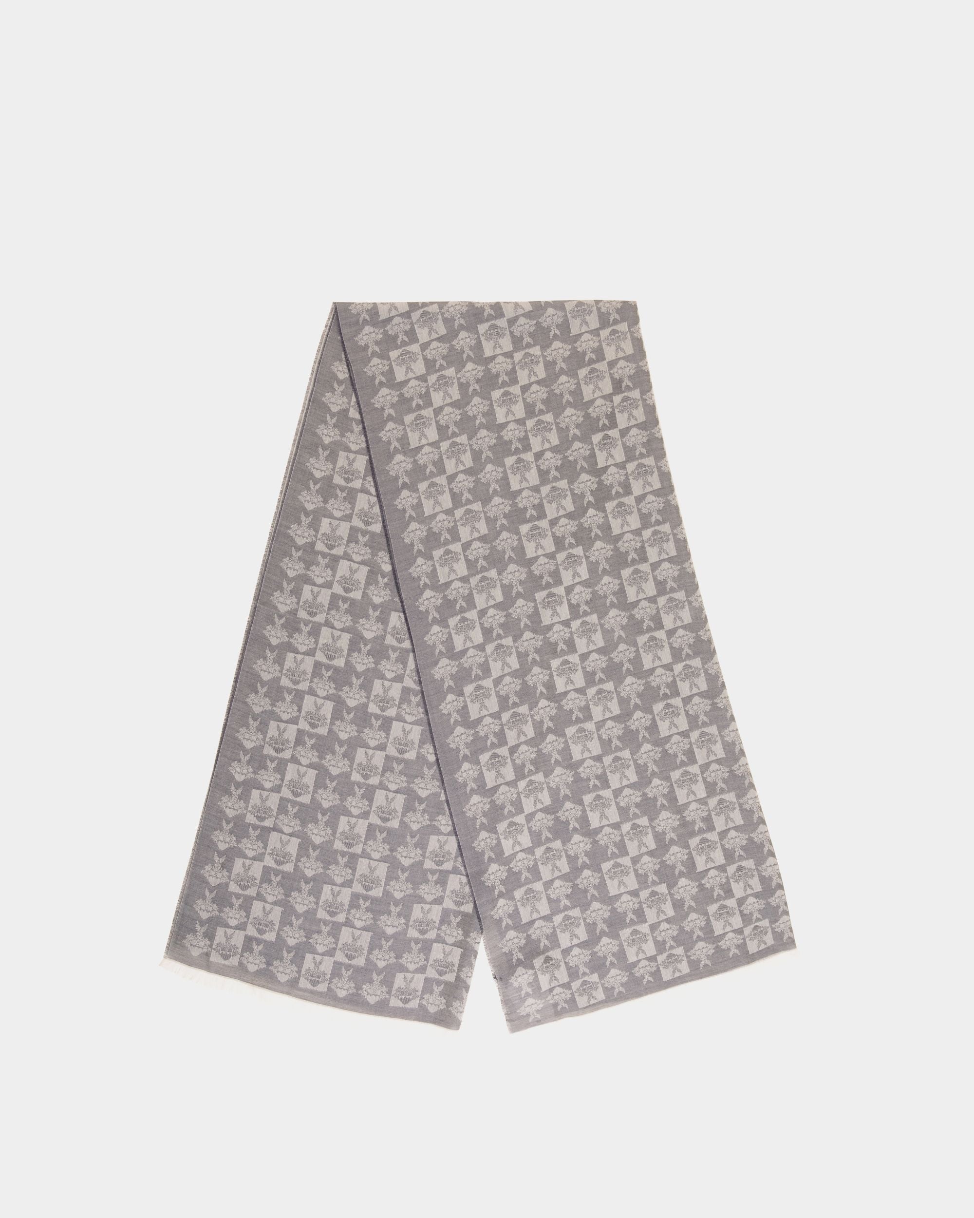 Bally Global - Scarf with an Allover Crest Print in Navy Blue Silk and Cashmere - Blue