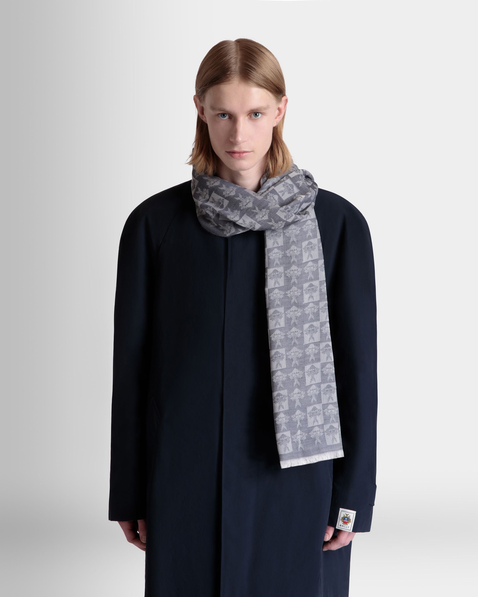 Bally Global - Scarf with an Allover Crest Print in Navy Blue Silk and Cashmere - Blue