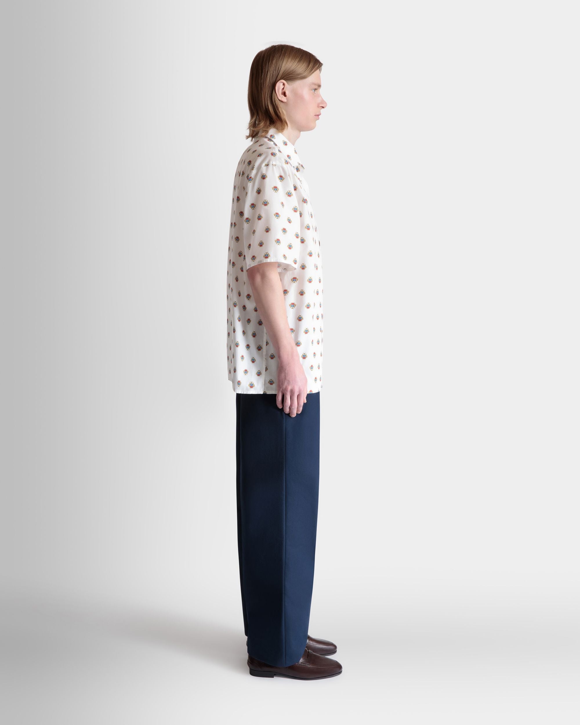 Bally Global - Bowling Shirt in White Cotton With an Allover Bally Crest Print - White