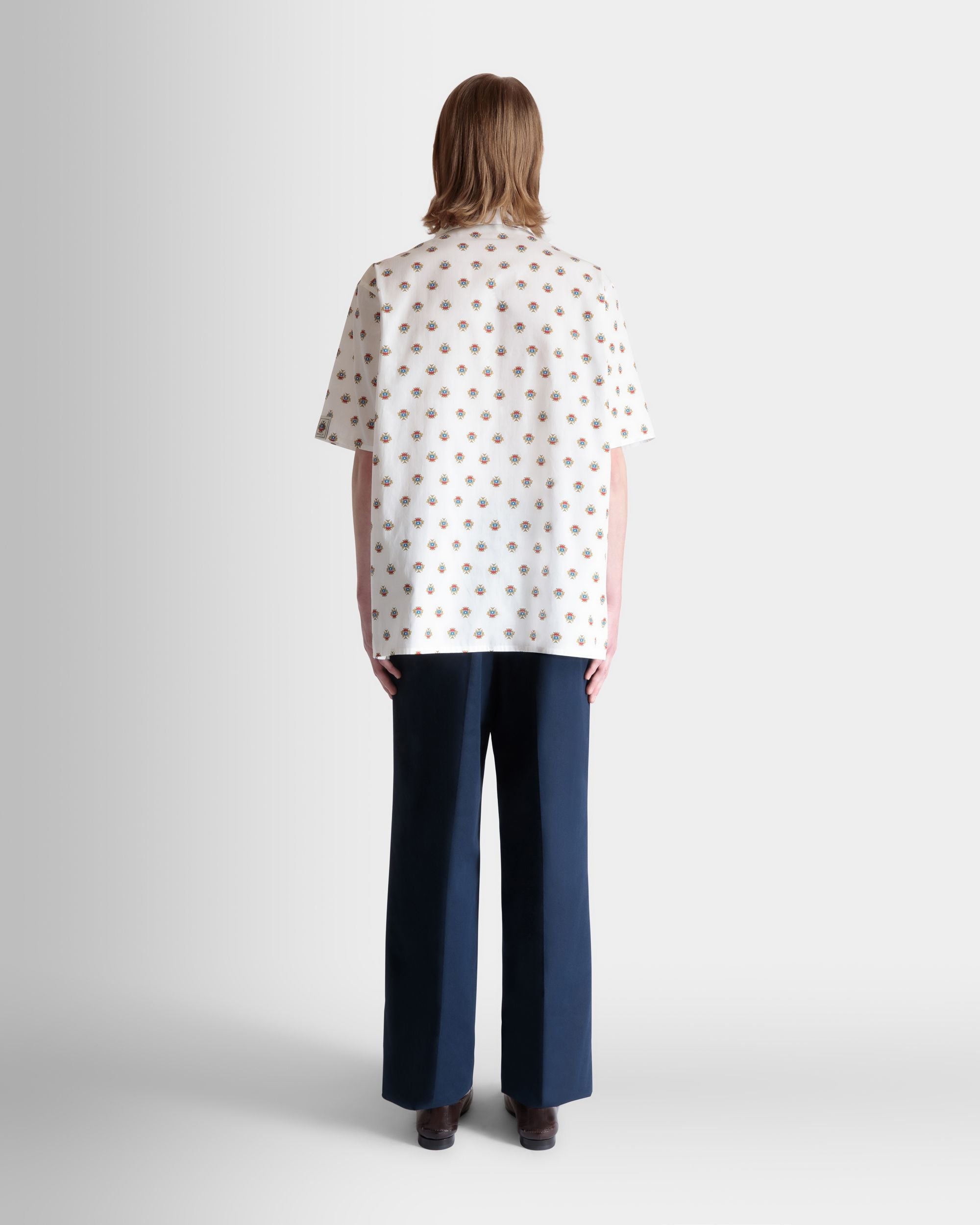 Bally Global - Bowling Shirt in White Cotton With an Allover Bally Crest Print - White