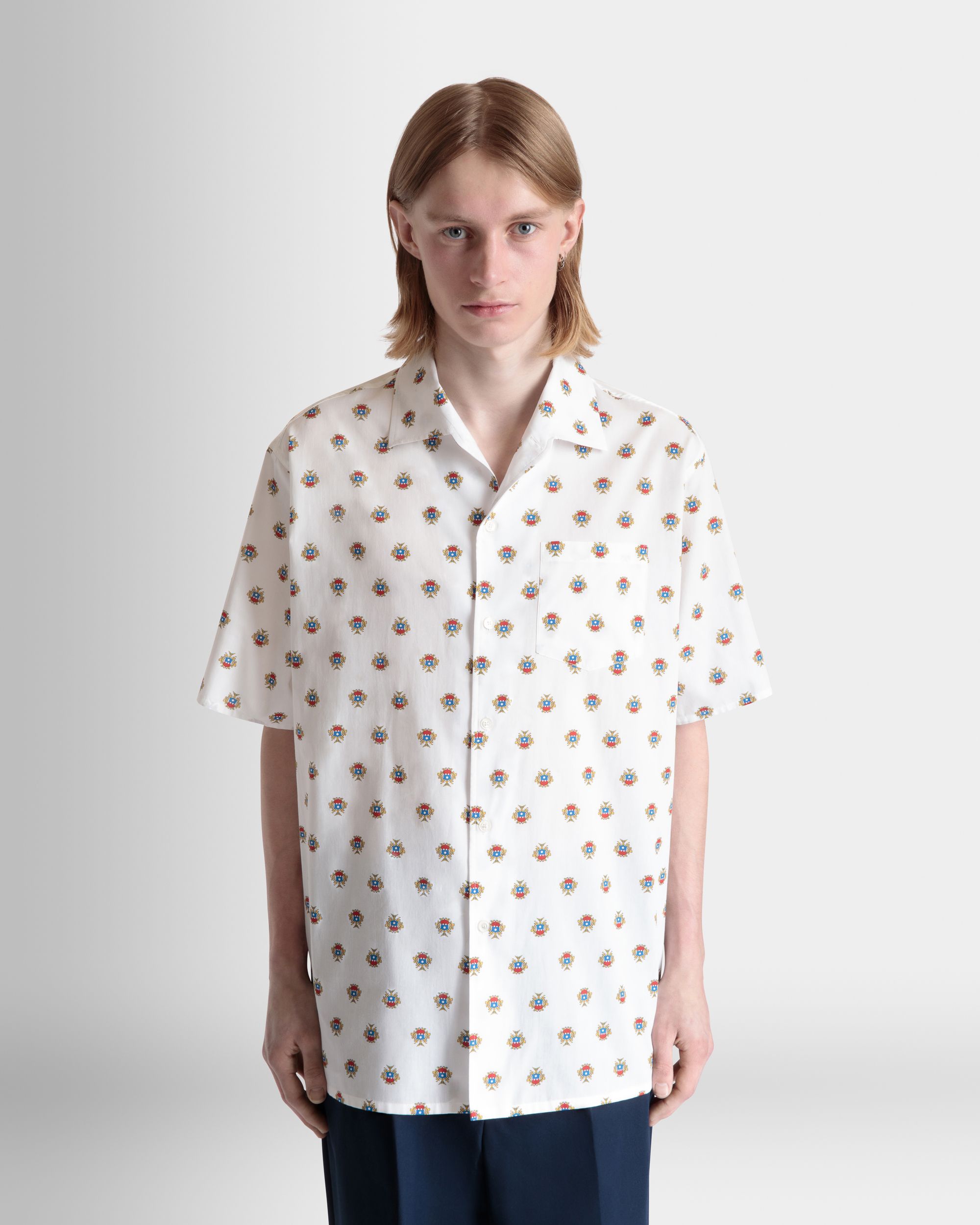 Bally Global - Bowling Shirt in White Cotton With an Allover Bally Crest Print - White