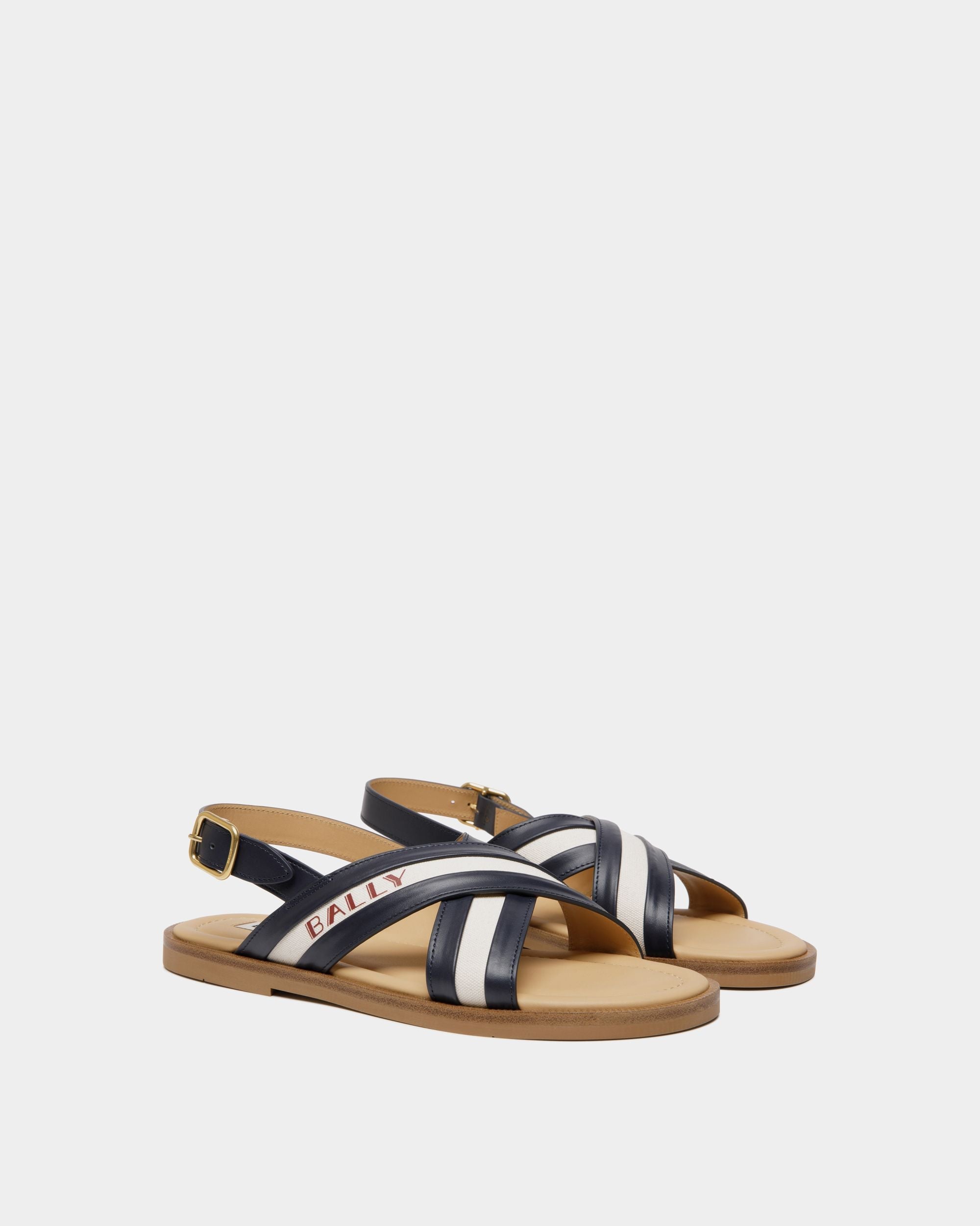 Bally Global - Summer Capsule Sandal In Navy Blue And Natural Leather And Canvas - Multicolor