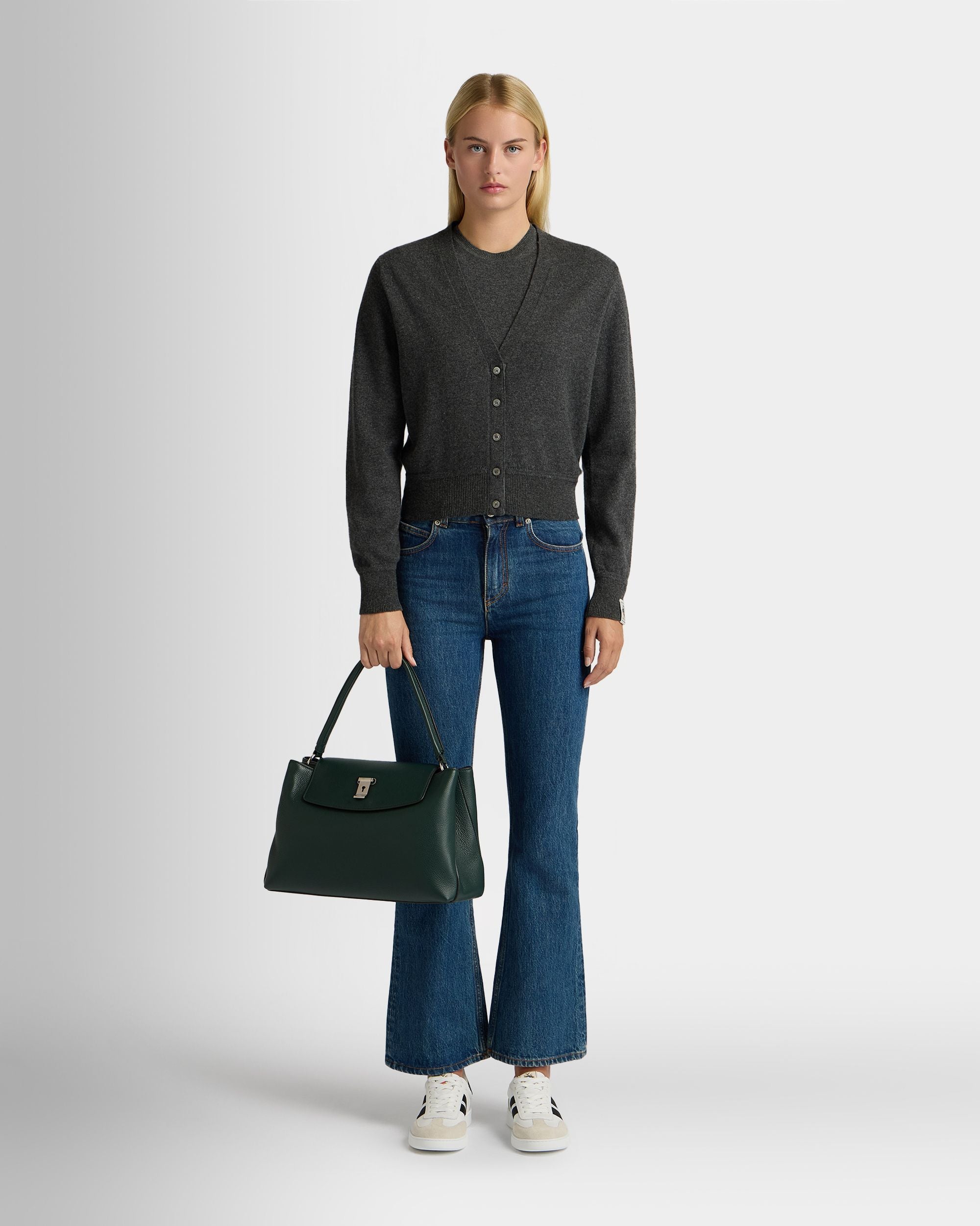 Bally Global - Lock Me Top Handle Bag in Marble Green Grained Leather - Green