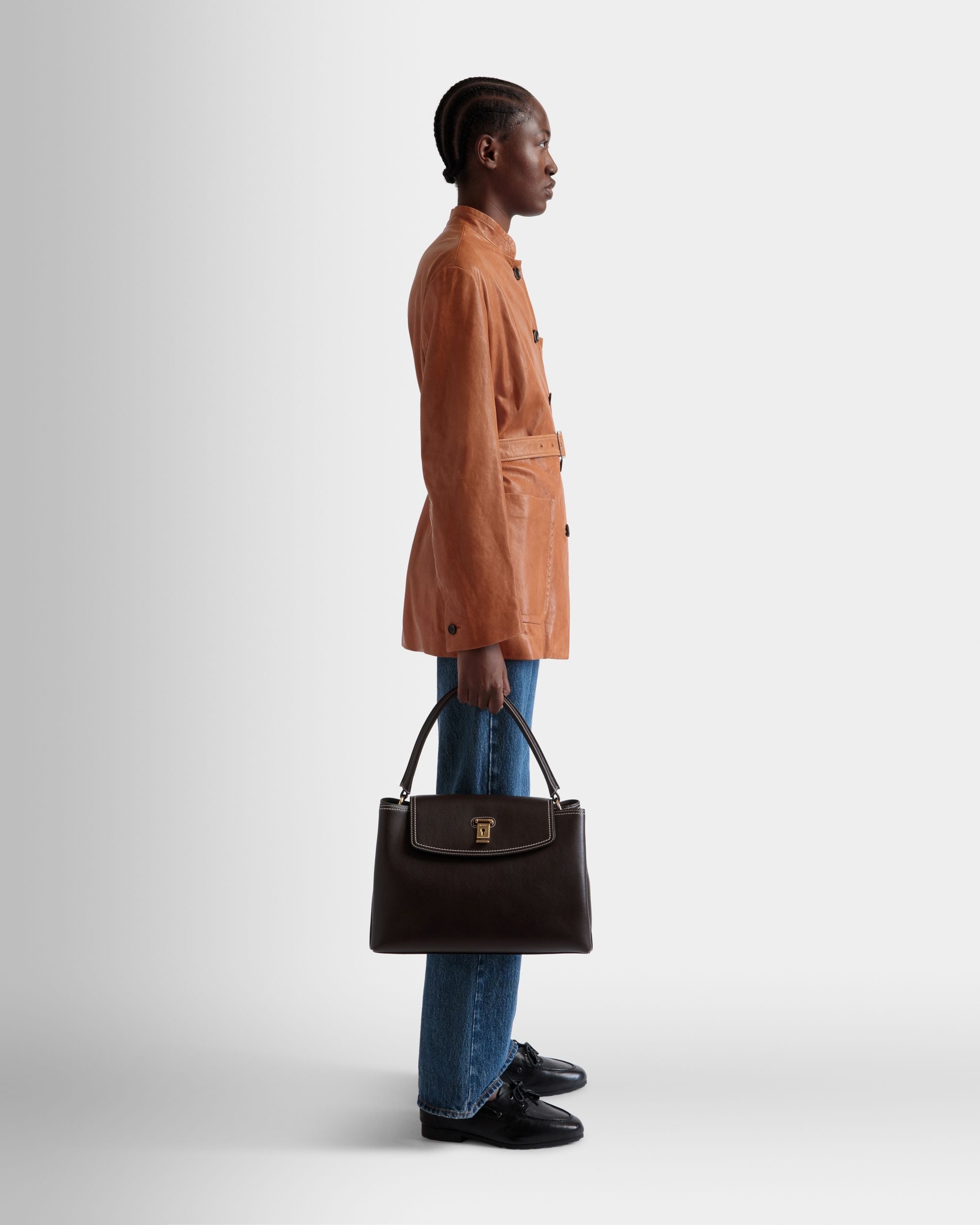 Bally Global - Lock Me Top Handle Bag in Ebano Leather - Brown