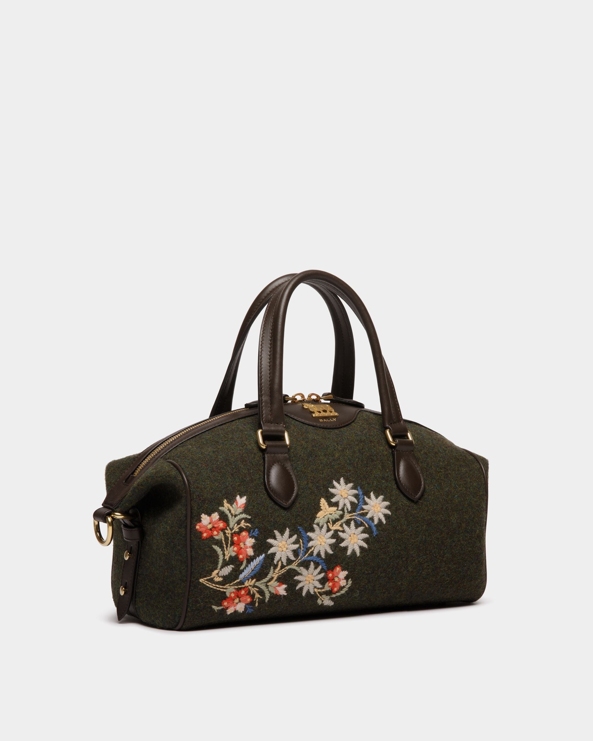 Bally Global - Sac À Main De La Capsule D'hiver, Doté De Anse Supérieure, Confectionné En Laine Et En Cuir Ebano Et Vert Foncé Et Orné De Fleurs Des Alpes - Vert