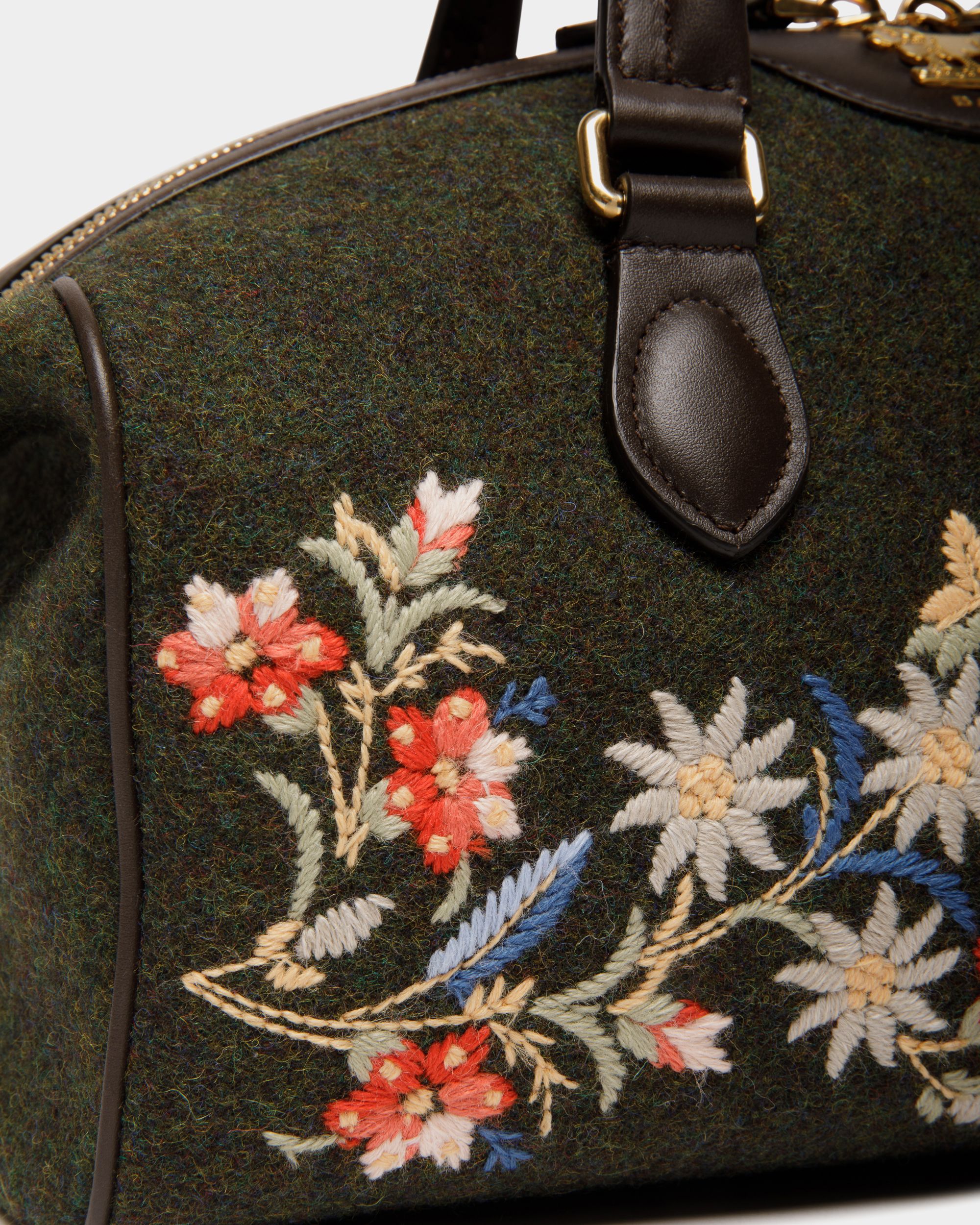 Bally Global - Sac À Main De La Capsule D'hiver, Doté De Anse Supérieure, Confectionné En Laine Et En Cuir Ebano Et Vert Foncé Et Orné De Fleurs Des Alpes - Vert