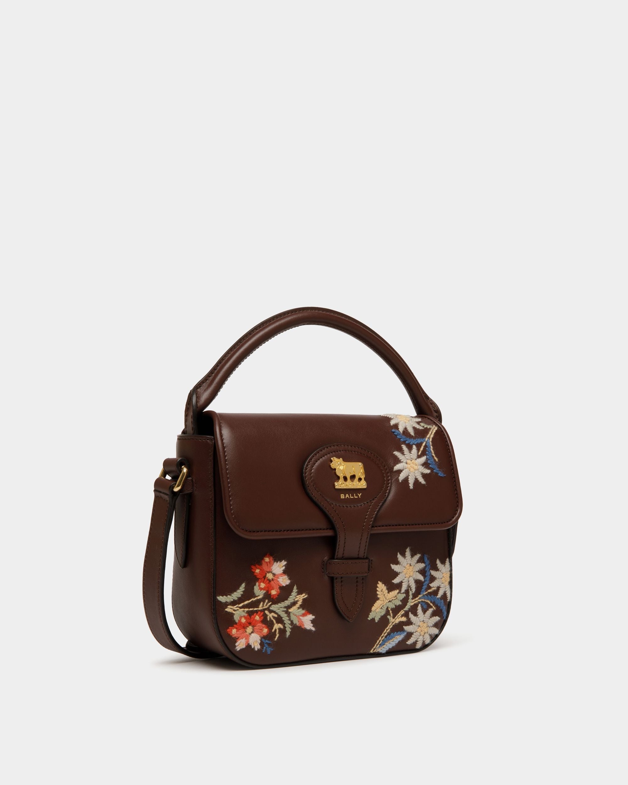 Bally Global - Mini Sac De La Capsule D’hiver En Cuir Châtain Orné De Fleurs Des Alpes - Marron