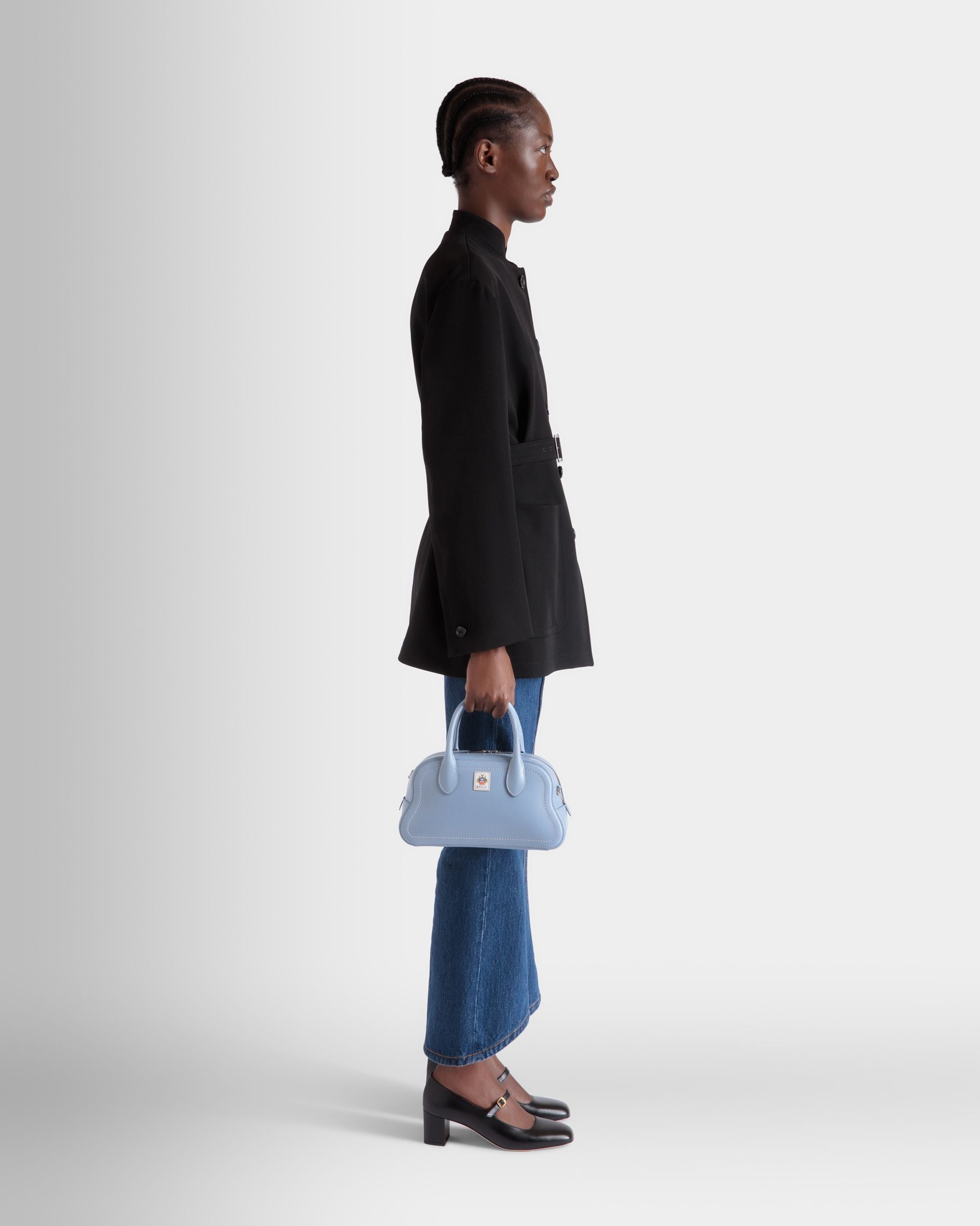 Bally Global - Unda Top Handle Bag in Light Blue Grained Leather - Blue