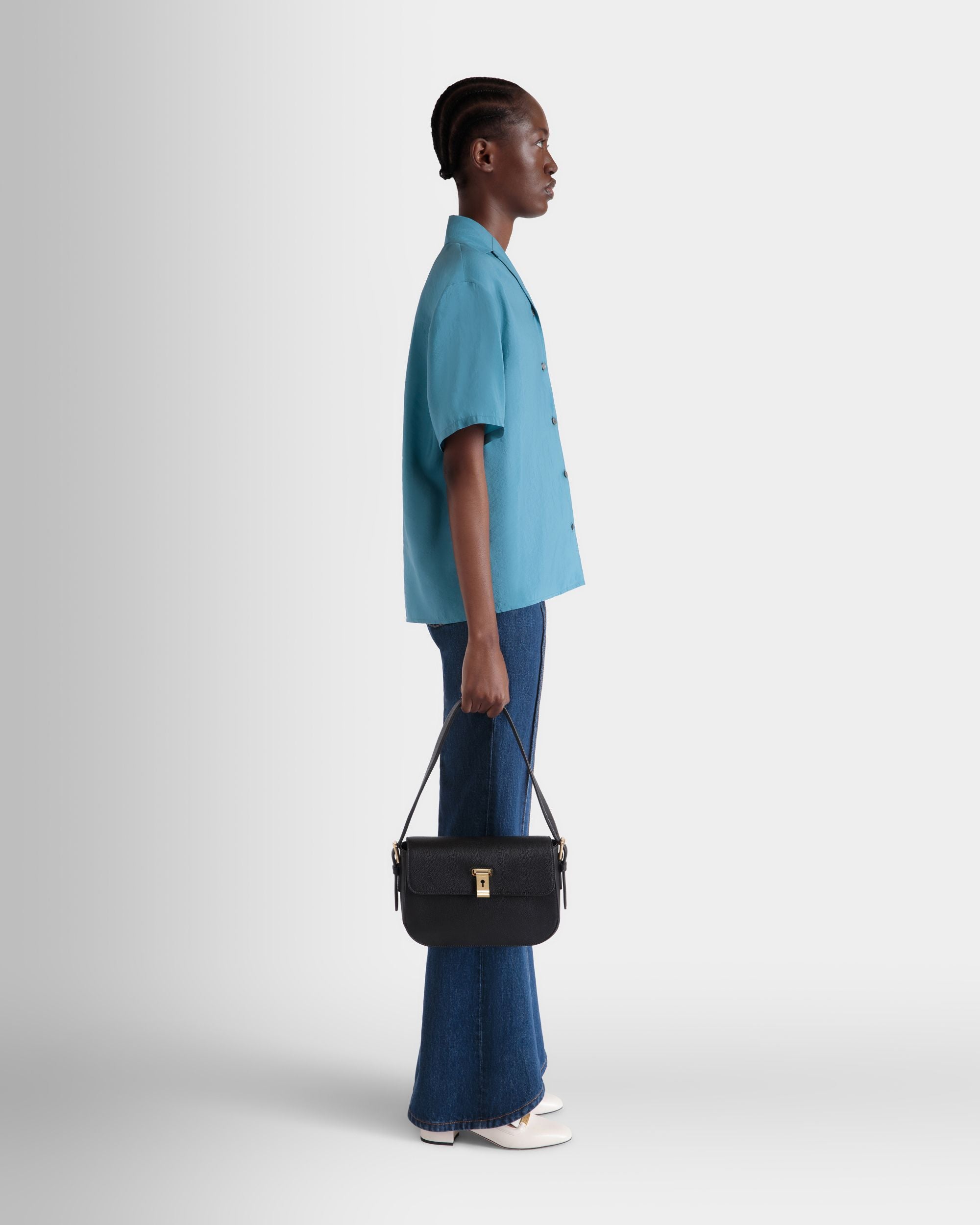 Bally Global - Lock Me Shoulder Bag in Black Grained Leather - Black