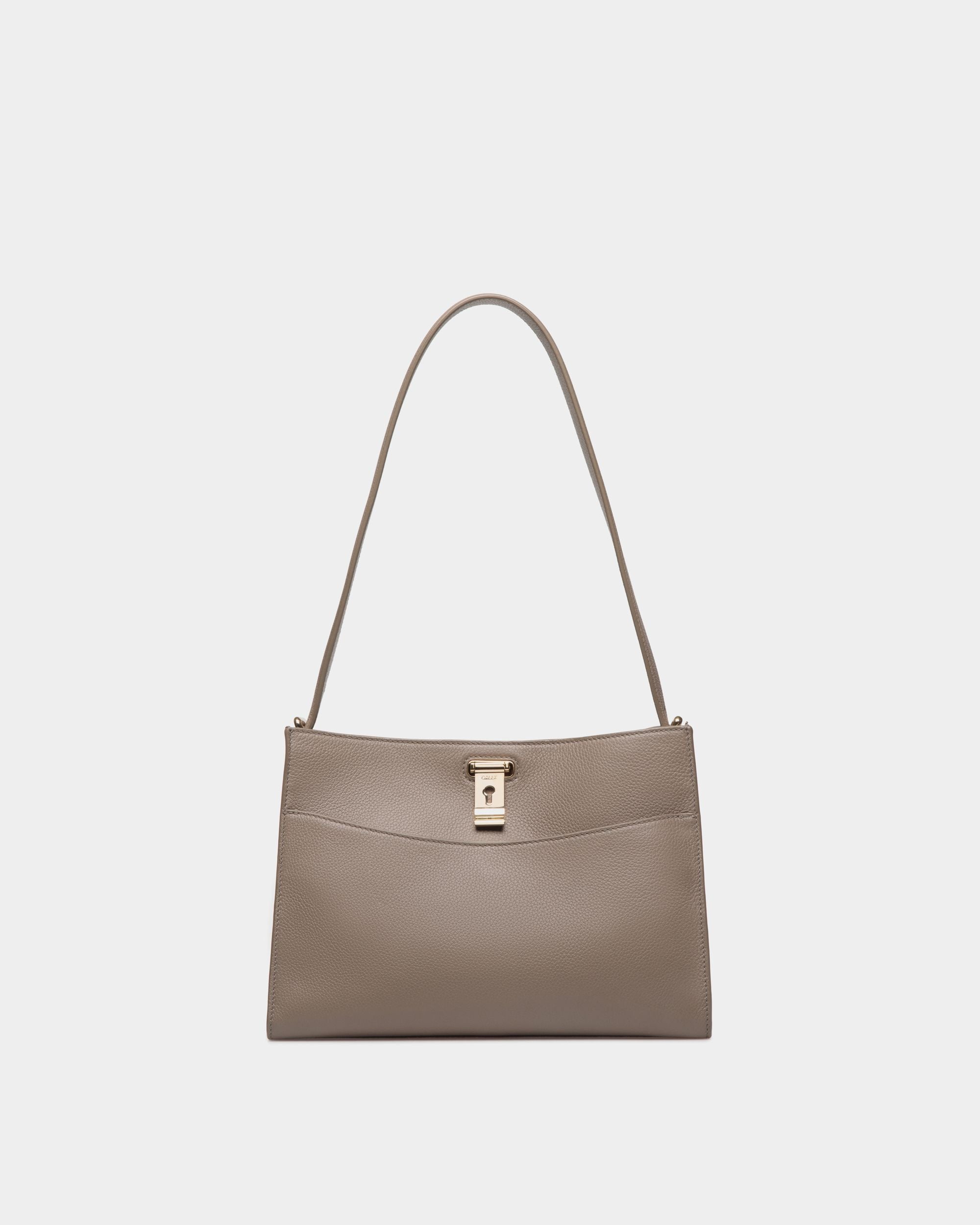 Bally Global - Lock Me Shoulder Bag in Taupe Grained Leather - Brown