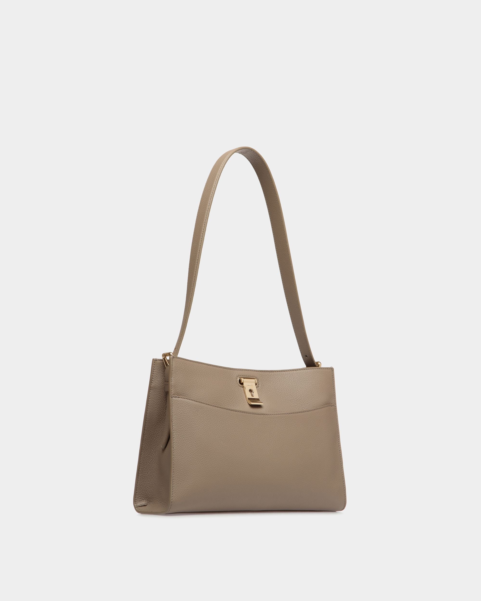 Bally Global - Lock Me Shoulder Bag in Taupe Grained Leather - Brown