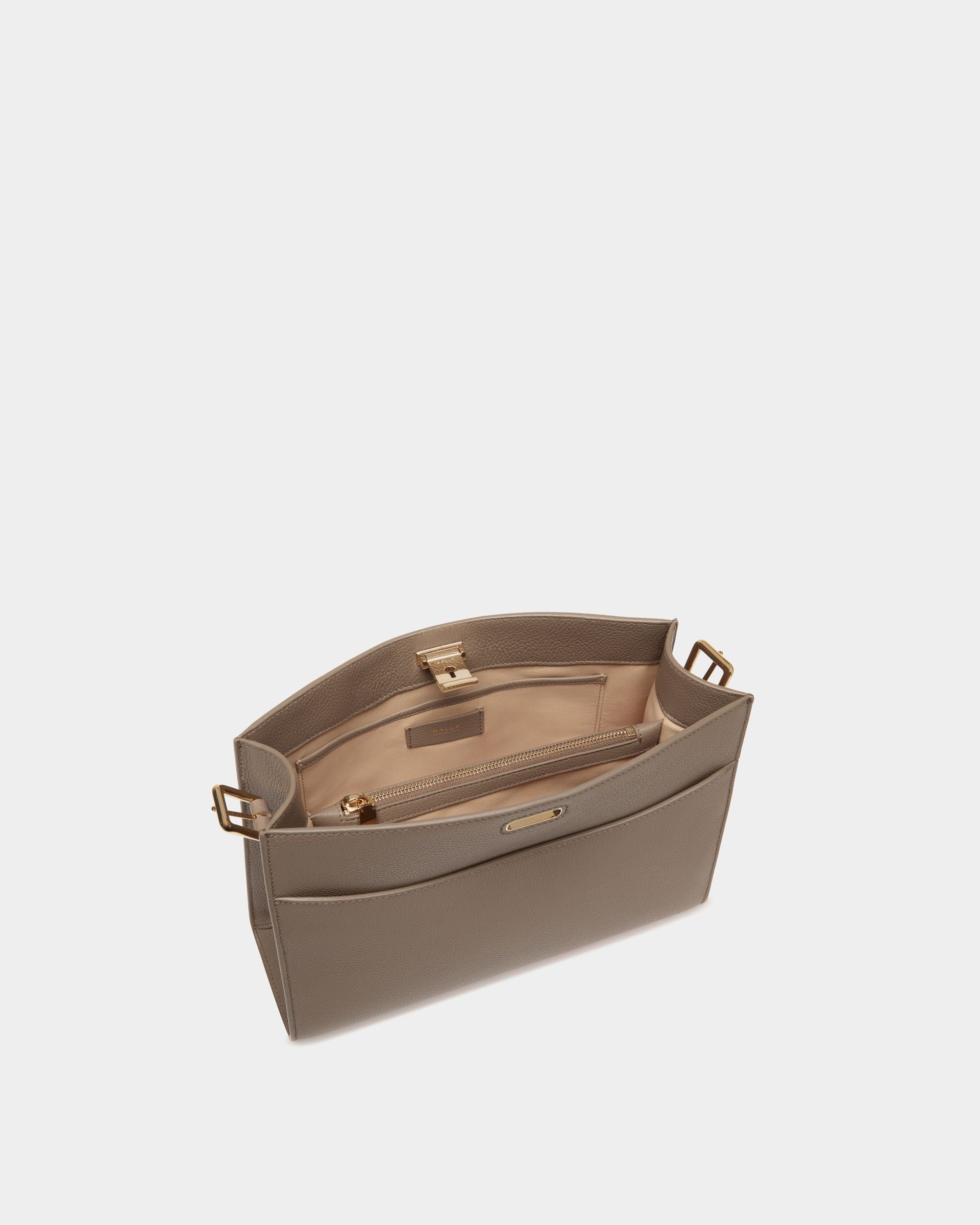 Bally Global - Lock Me Shoulder Bag in Taupe Grained Leather - Brown