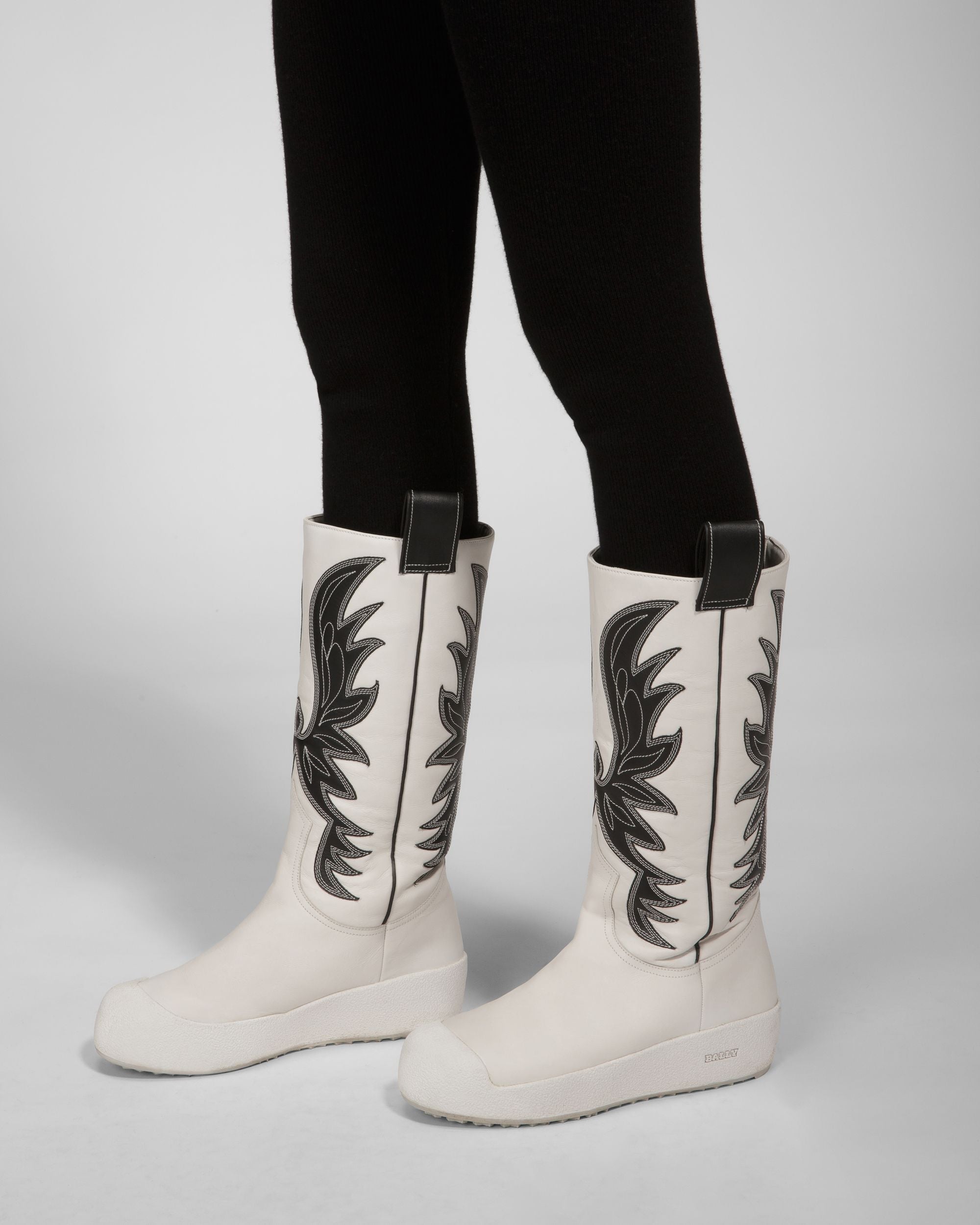 Bally Global - Chambery Leather Long Boots In White & Black - Multicolor