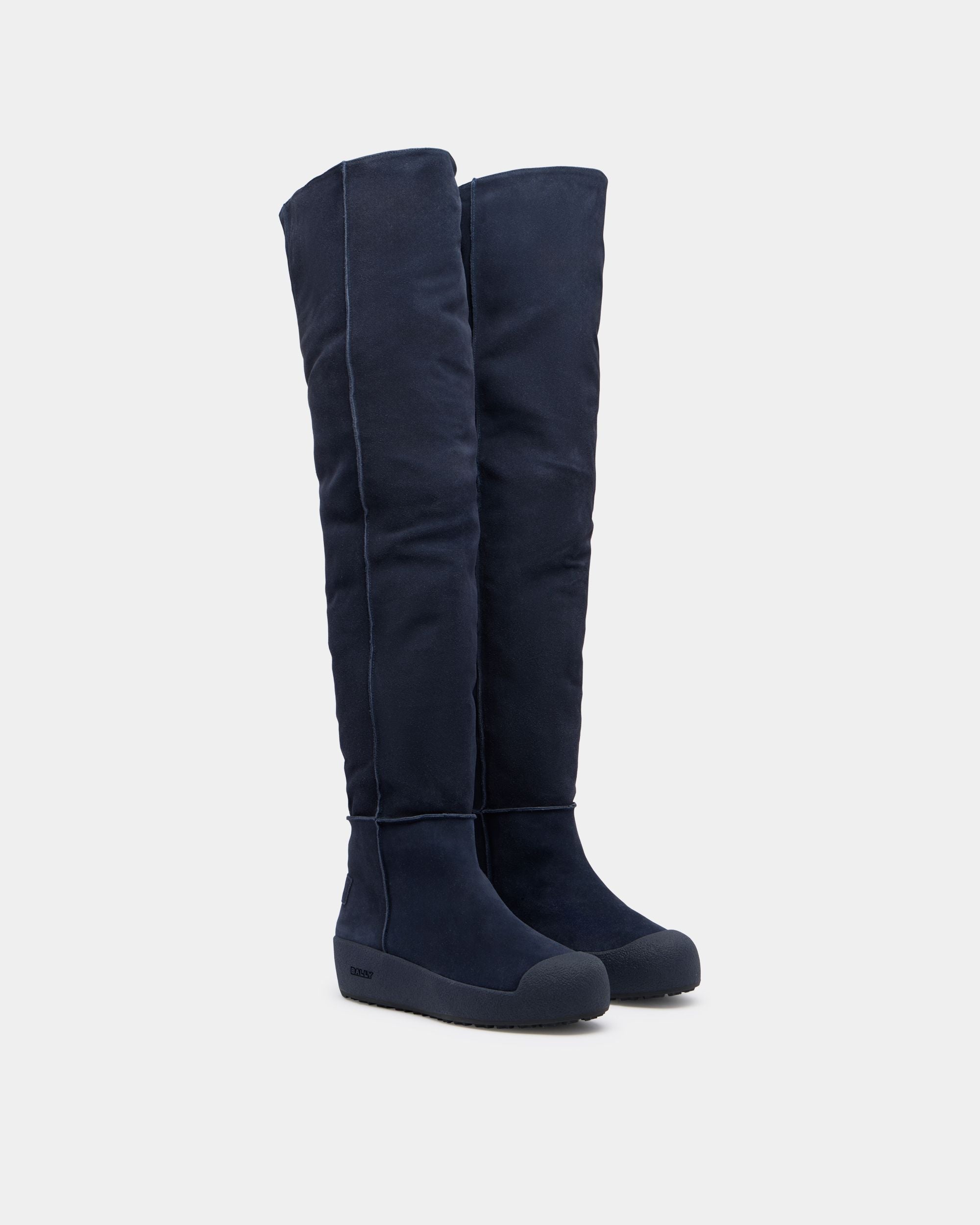 Bally Global - Bally Curling Over-the-knee Boot in Navy Blue Suede - Blue