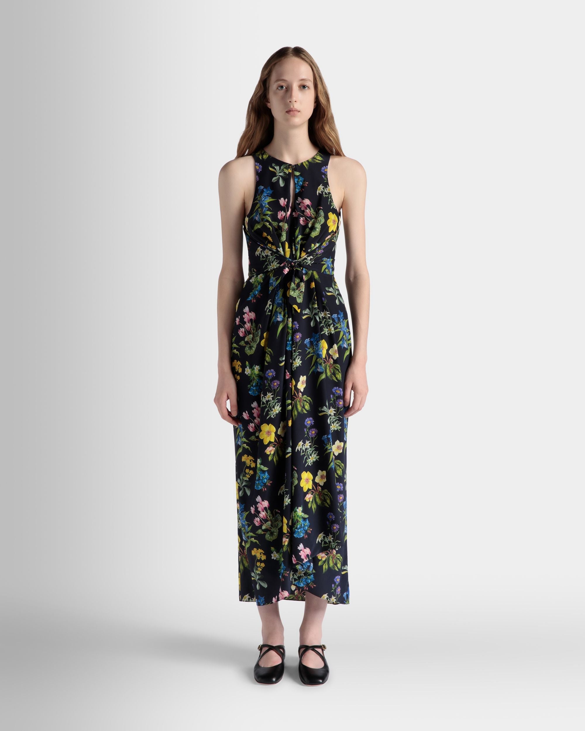 Bally Global - Sleeveless Midi Dress In Mountain Flower Print Silk - Blue
