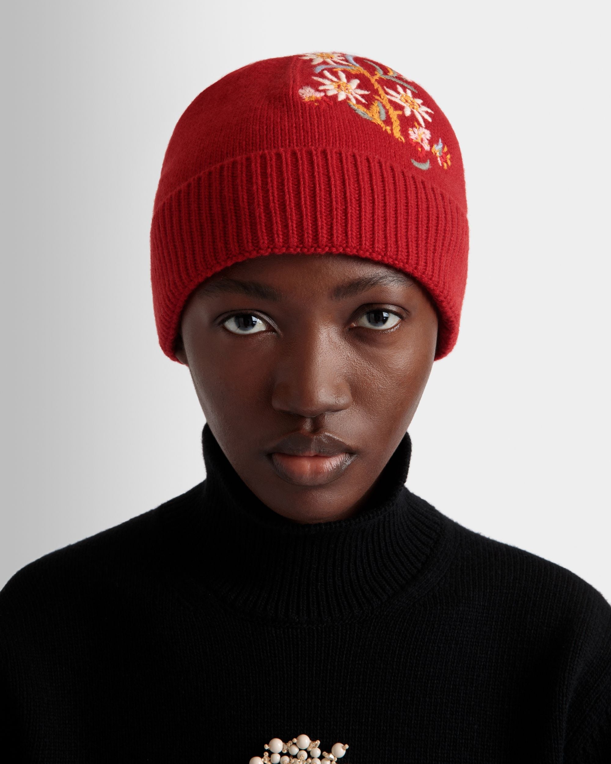 Bally Global - Winter Capsule Beanie With Alpine Flowers in Red Wool - Red