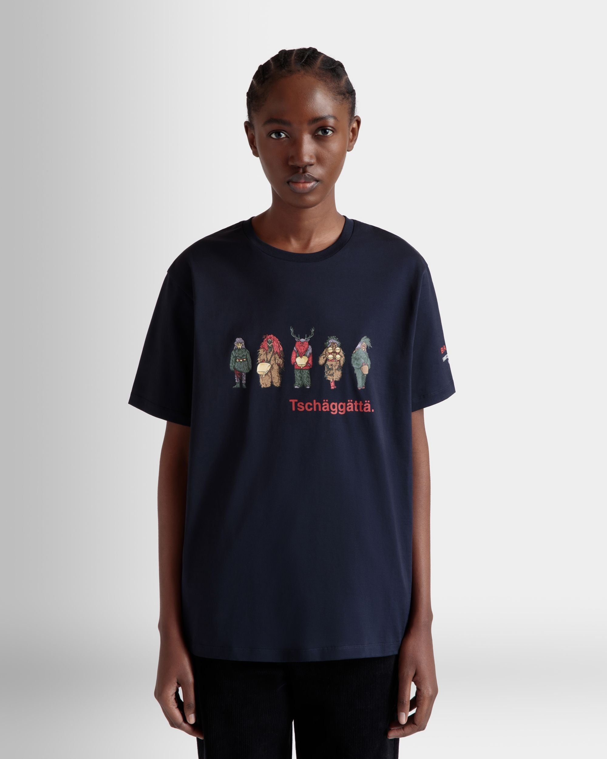 Bally Global - T-Shirt With Forest Mask Prints In Navy Blue Cotton - Blue