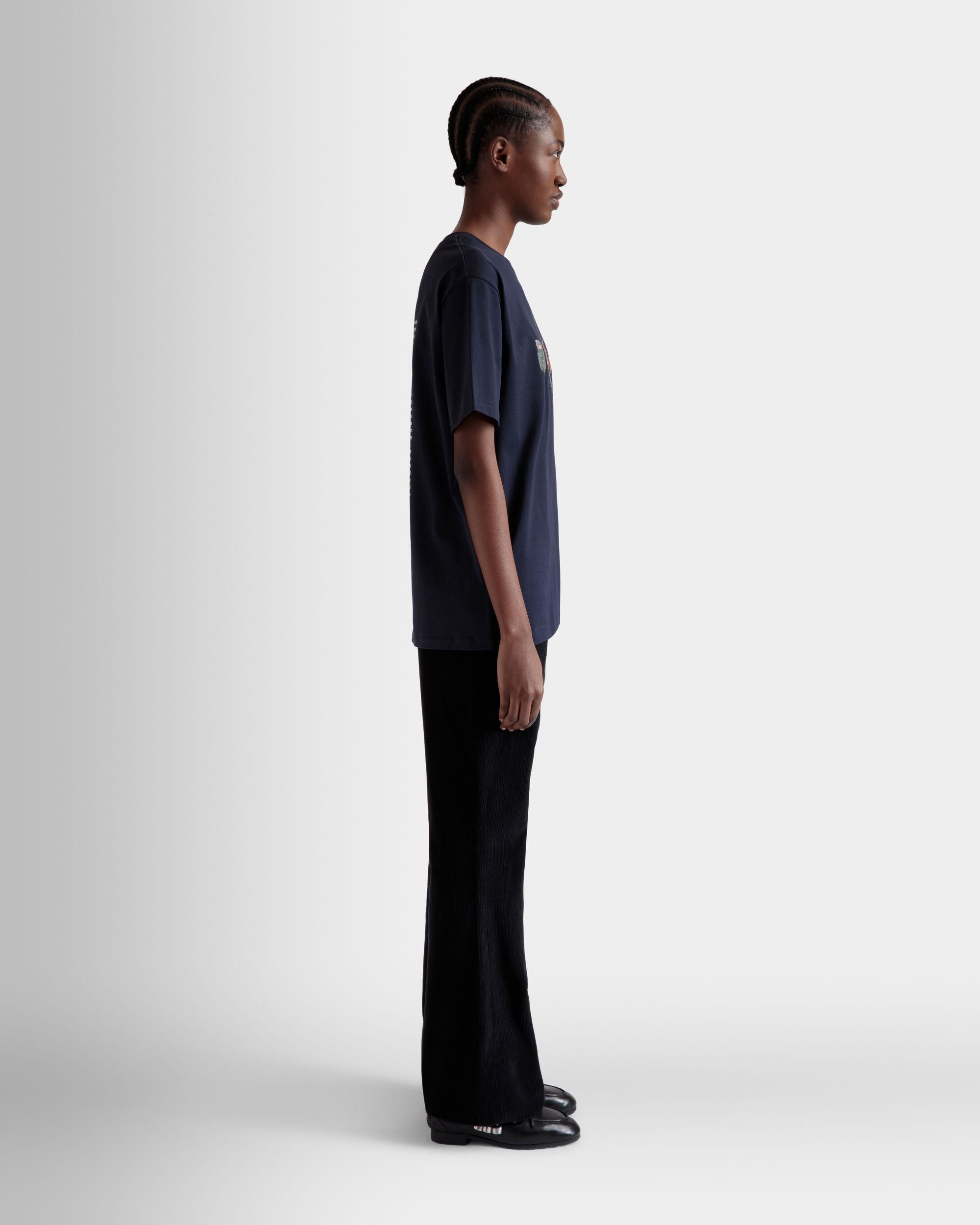 Bally Global - T-Shirt With Forest Mask Prints In Navy Blue Cotton - Blue