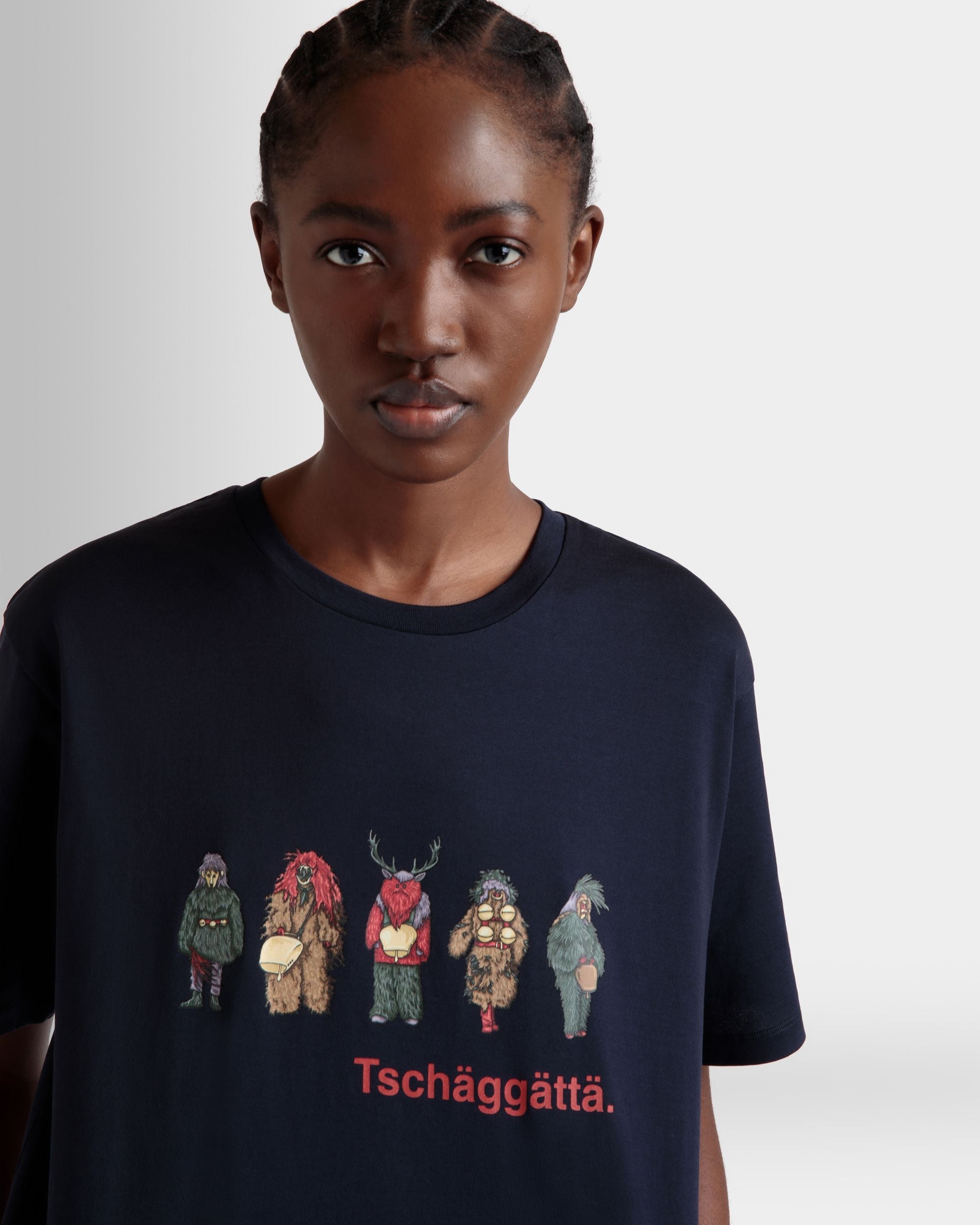 Bally Global - T-Shirt With Forest Mask Prints In Navy Blue Cotton - Blue