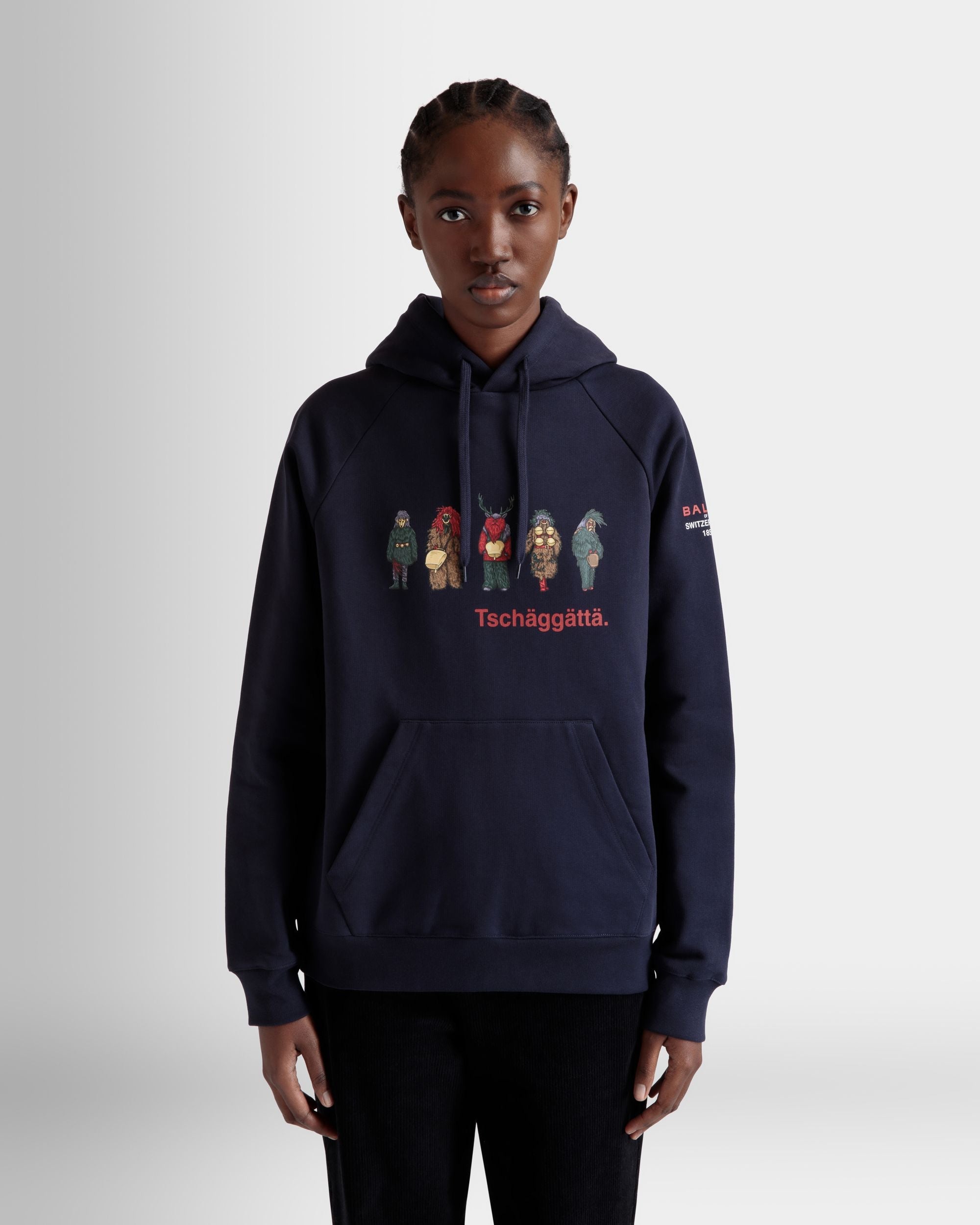 Bally Global - Hoodie with Forest Mask Print In Navy Blue Cotton - Blue