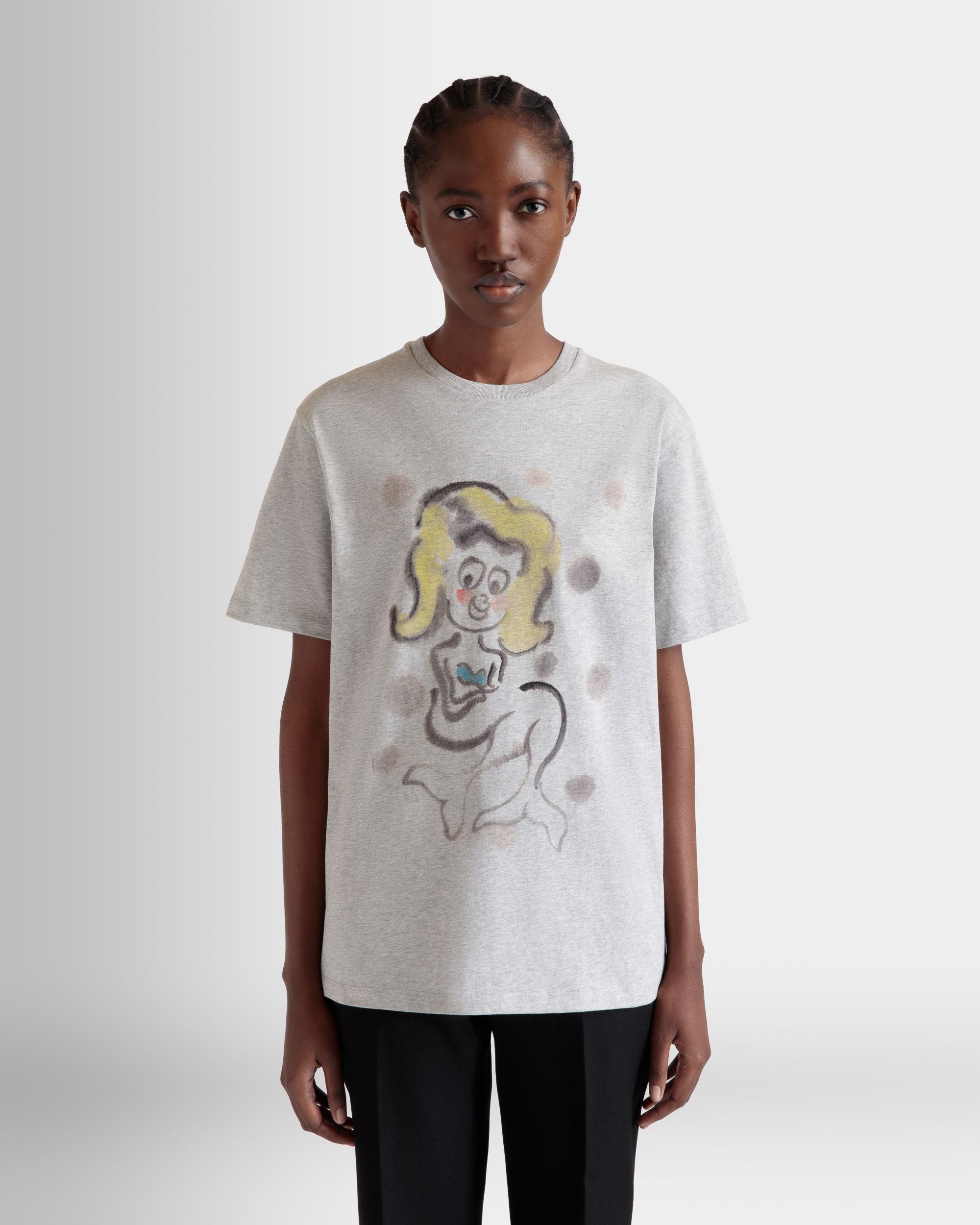 Bally Global - T-Shirt With Mermaid Print In Grey Melange Cotton - Grey