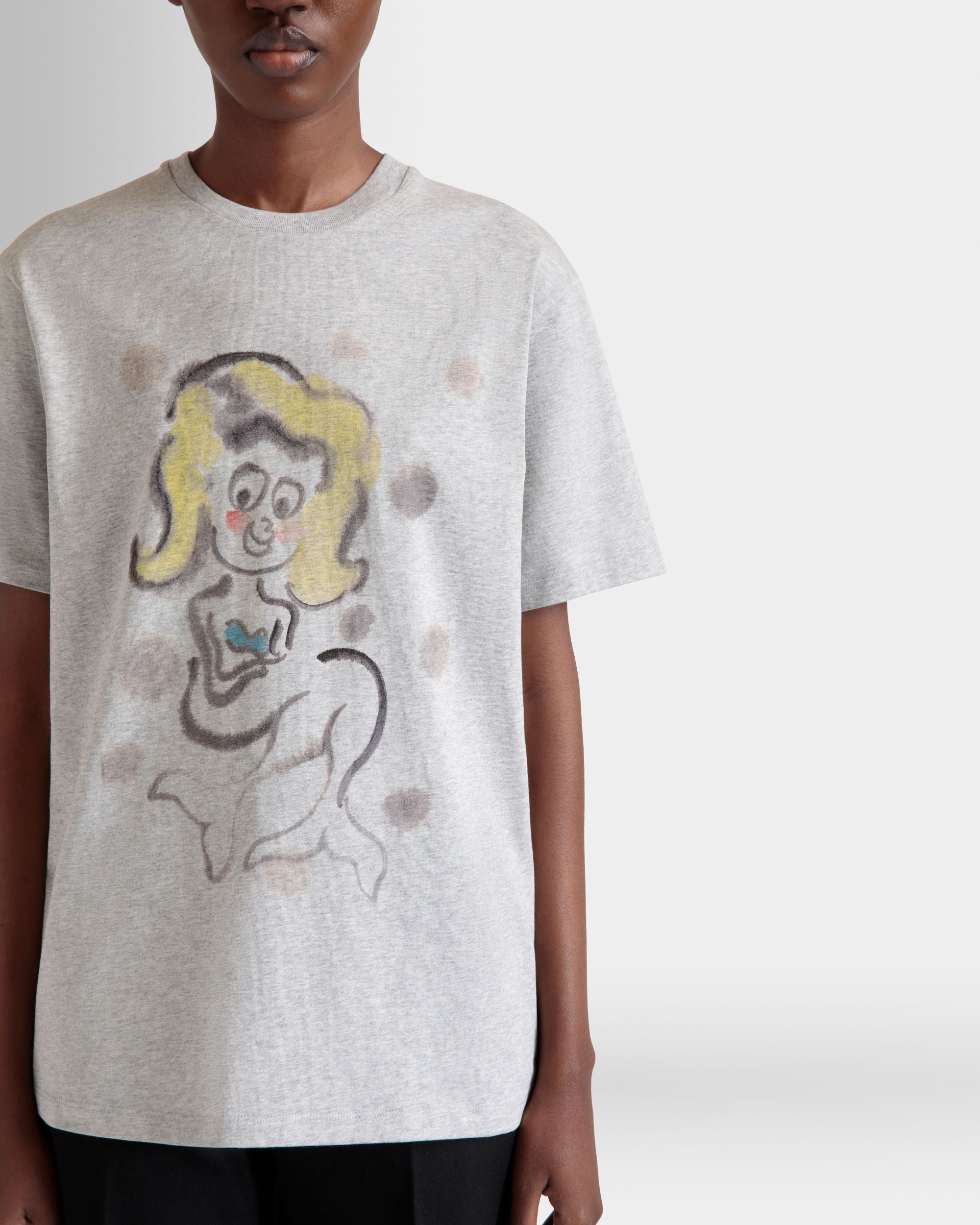 Bally Global - T-Shirt With Mermaid Print In Grey Melange Cotton - Grey