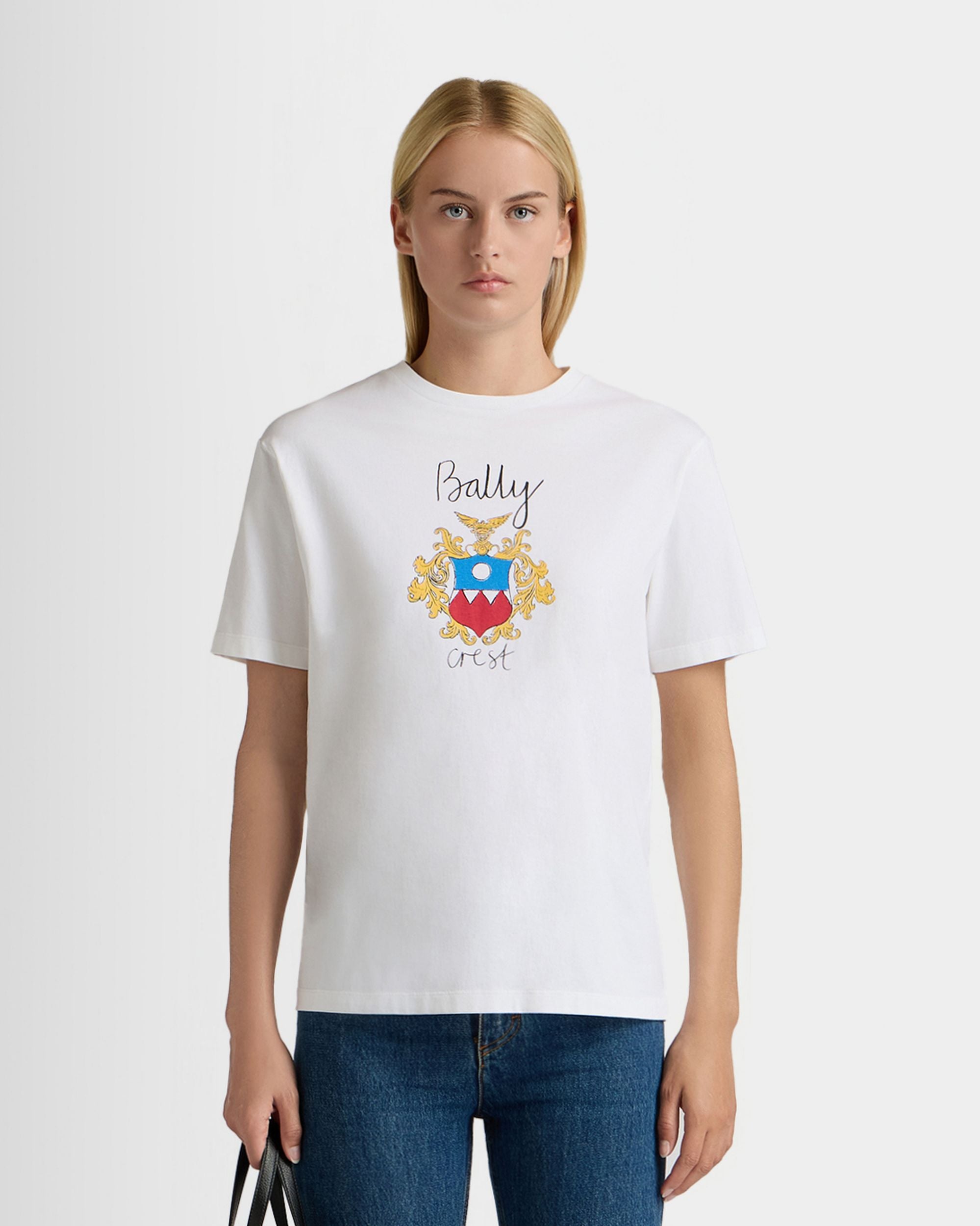Bally Global - T-Shirt in White Cotton With a Bally Crest - White