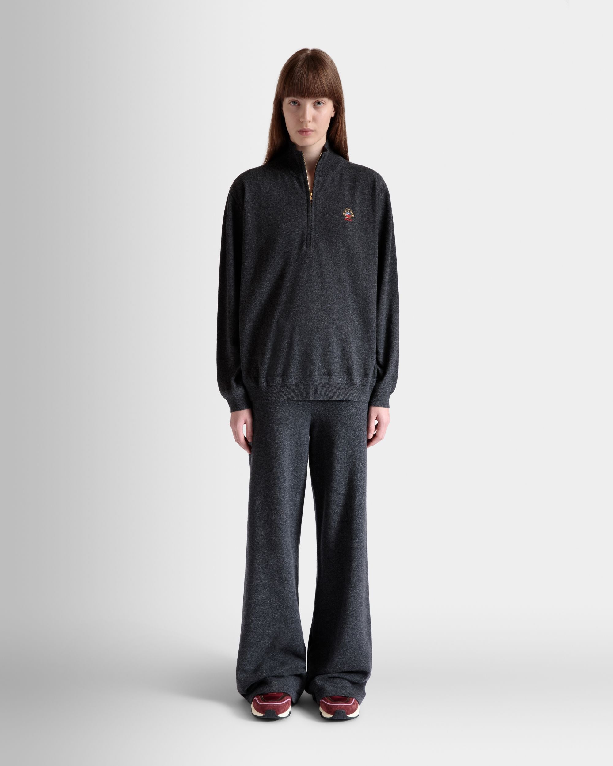 Bally Global - Half Zip Sweater In Dark Grey Wool And Cashmere - Grey