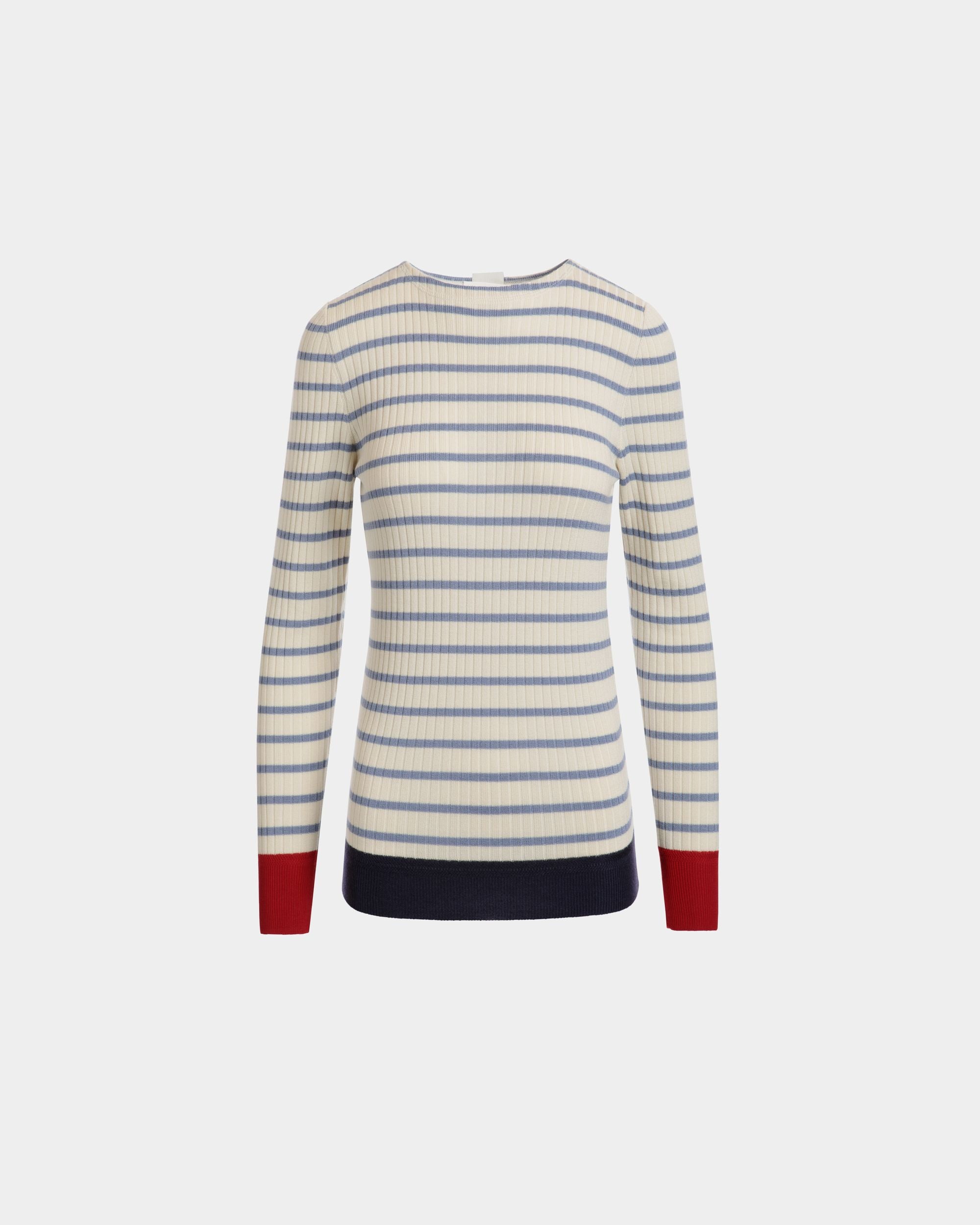 Bally Global - Long Sleeve Top in an Ivory And Light Blue Wool Blend - Blanco
