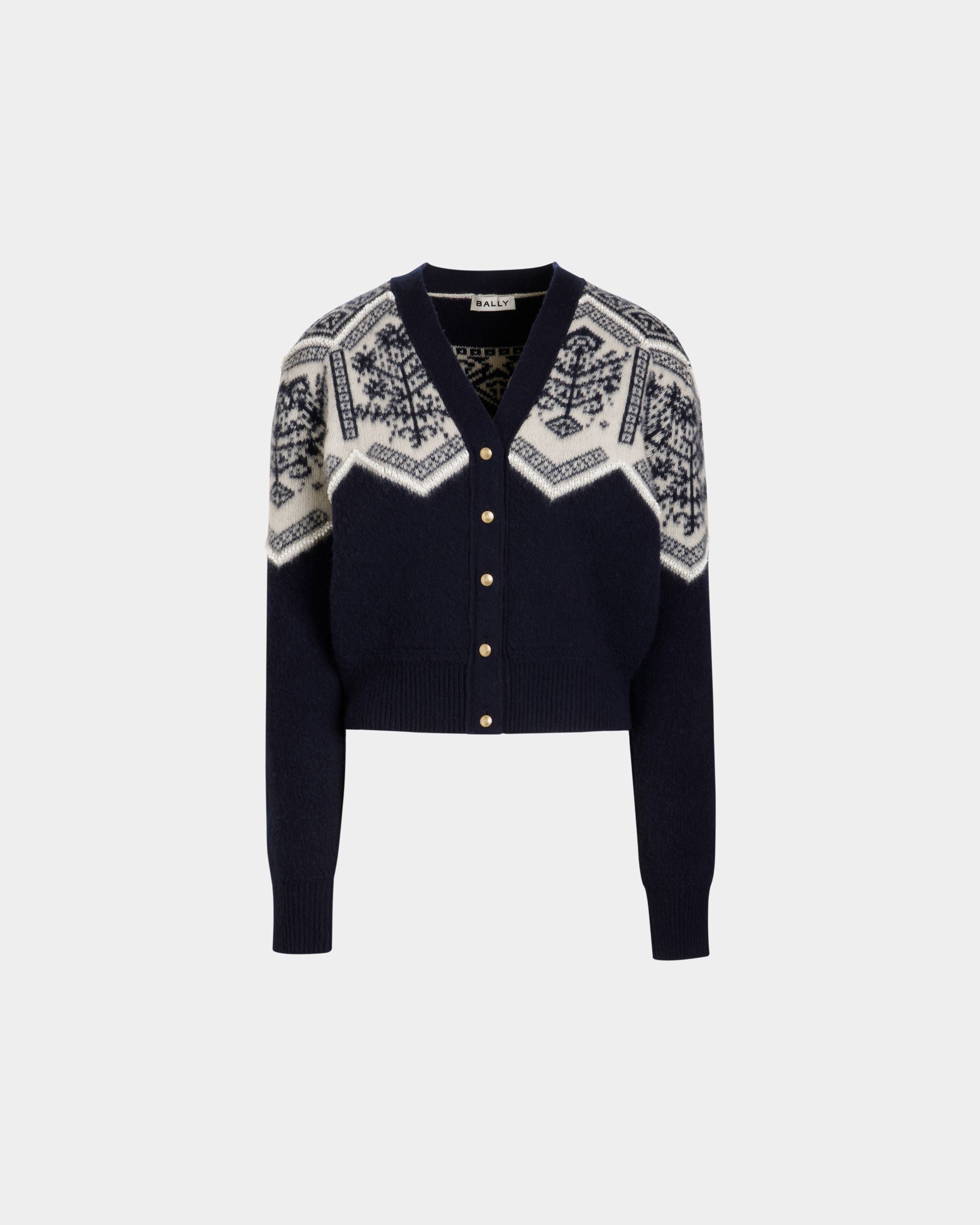 Bally Global - Winter Capsule Cardigan With a Heritage Flower in Navy Blue Wool - Blue