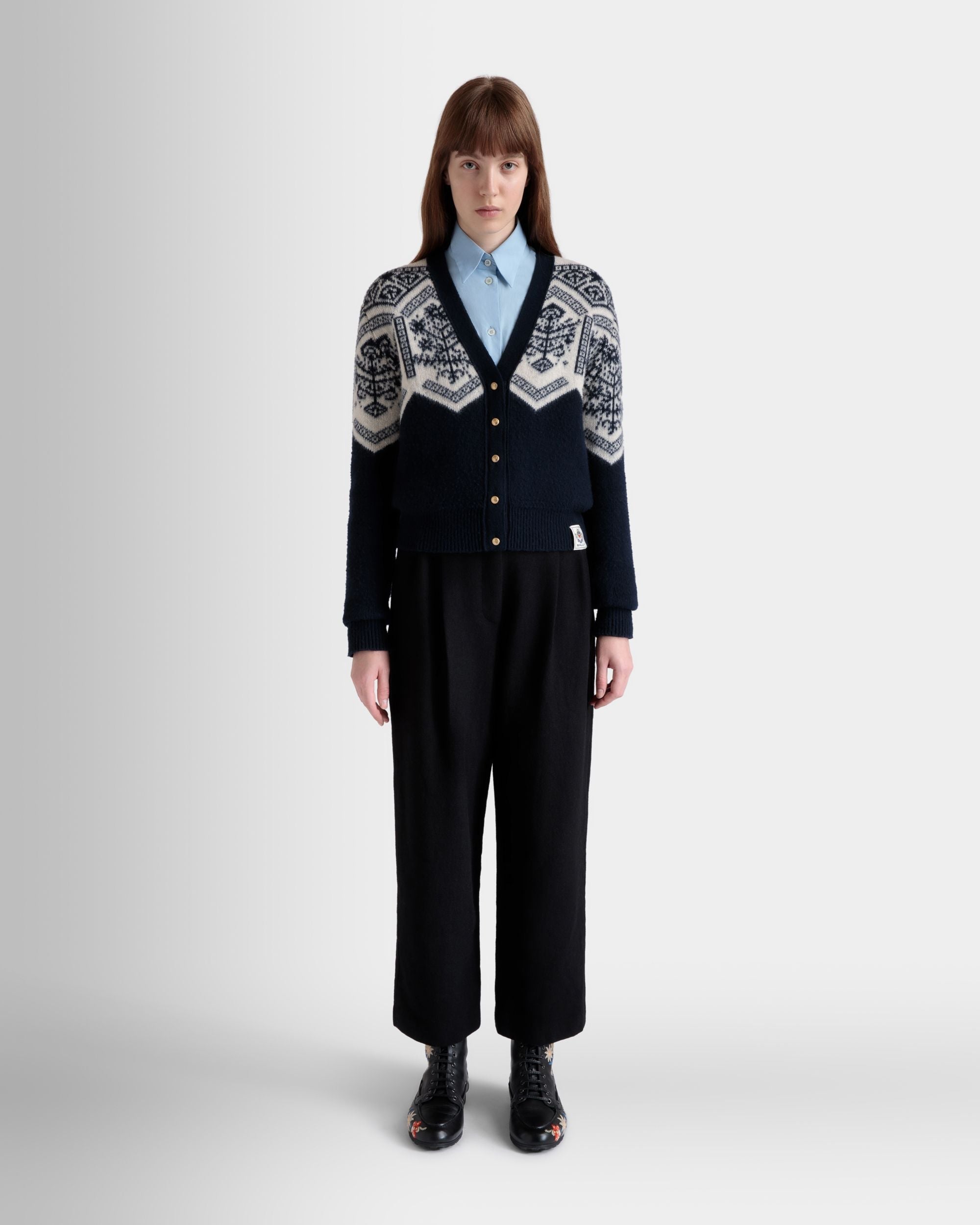 Bally Global - Winter Capsule Cardigan With a Heritage Flower in Navy Blue Wool - Blue