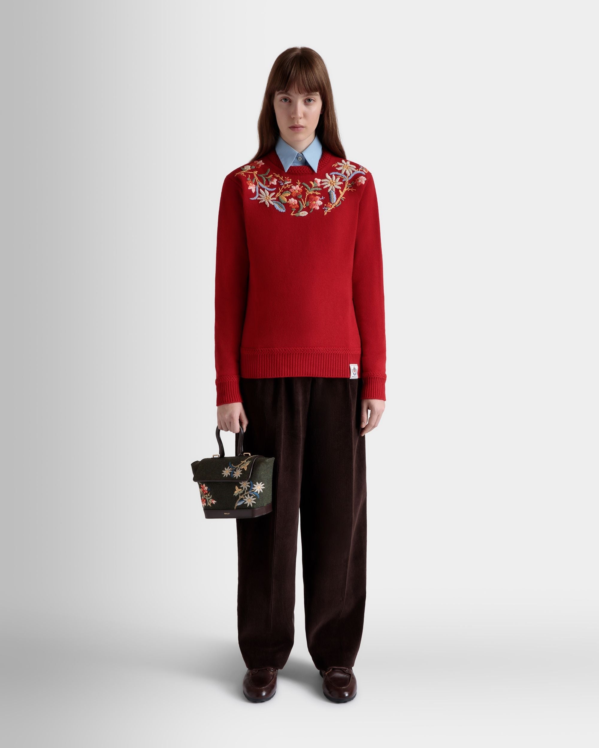 Bally Global - Winter Capsule Crewneck Sweater With Alpine Flowers in Red Wool - Rojo