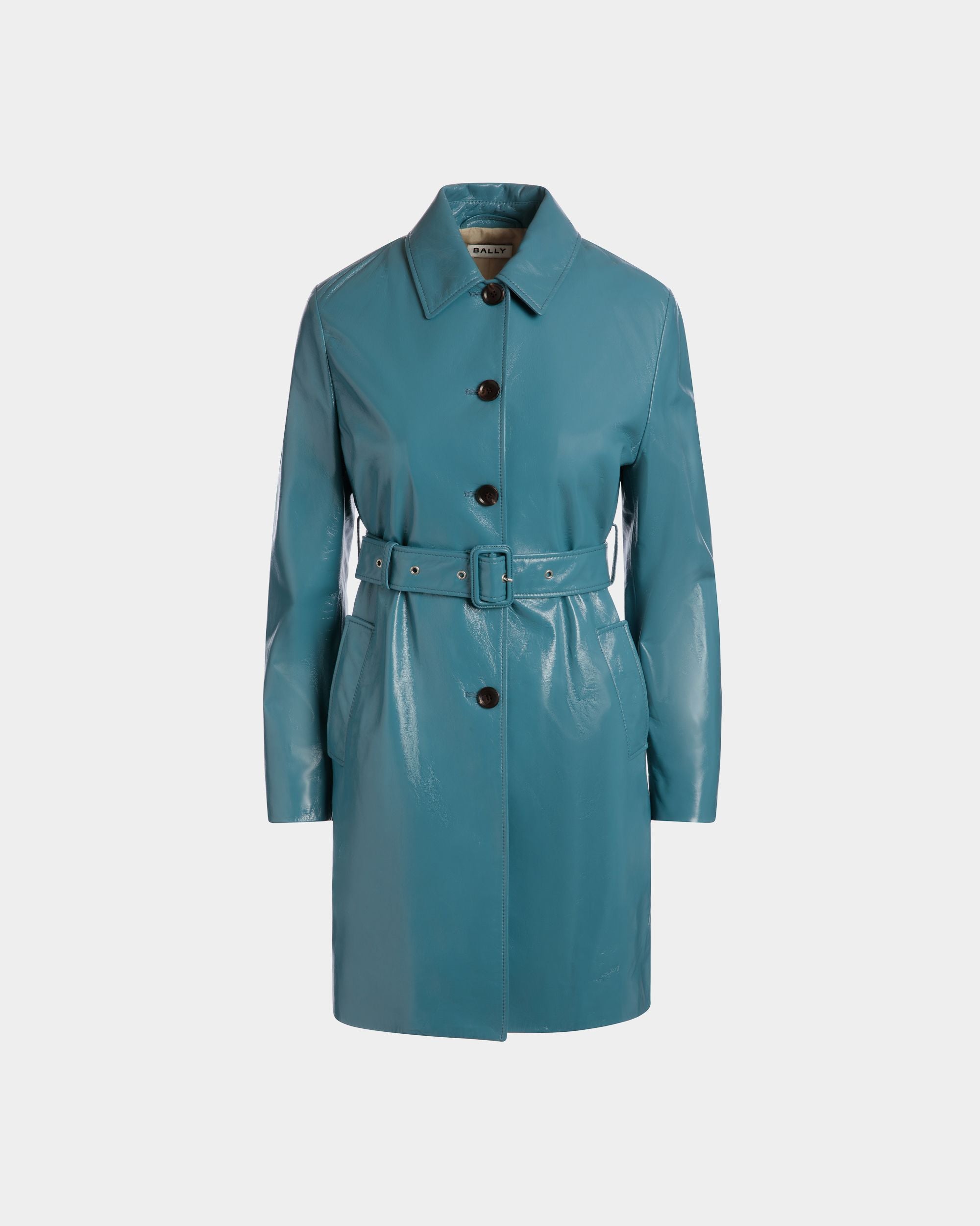 Bally Global - Belted Coat in Medium Blue Leather - Blue