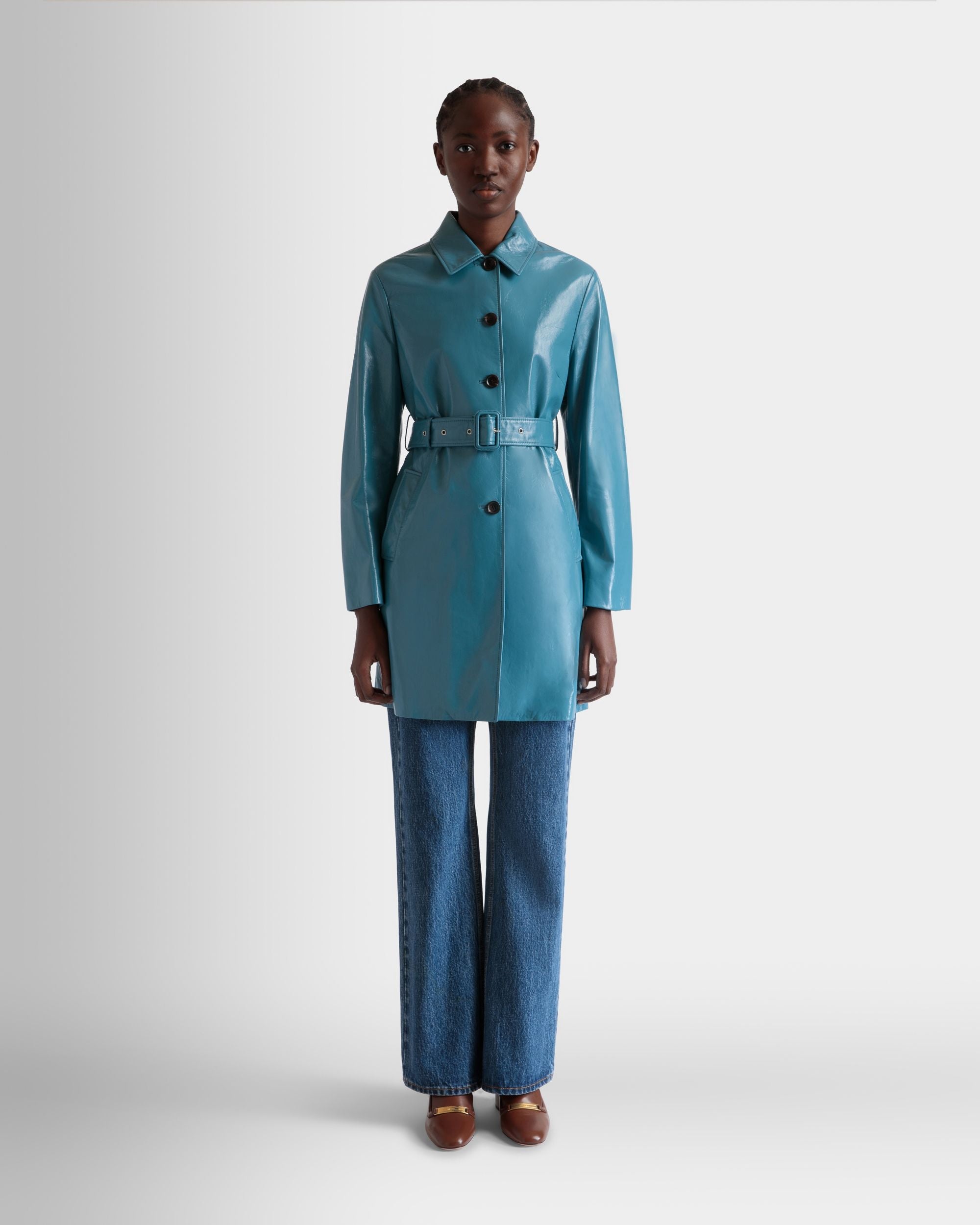 Bally Global - Belted Coat in Medium Blue Leather - Blue