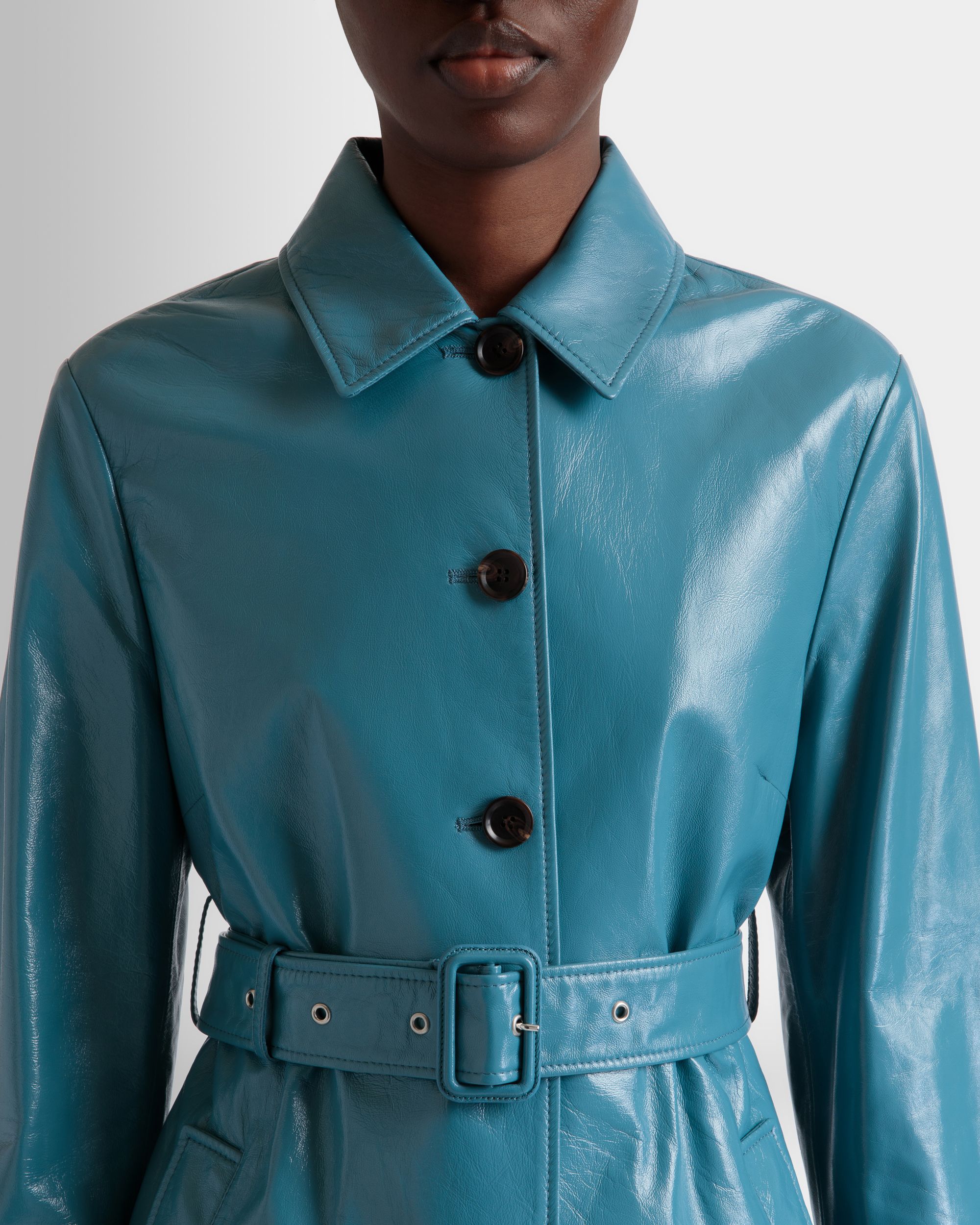 Bally Global - Belted Coat in Medium Blue Leather - Blue