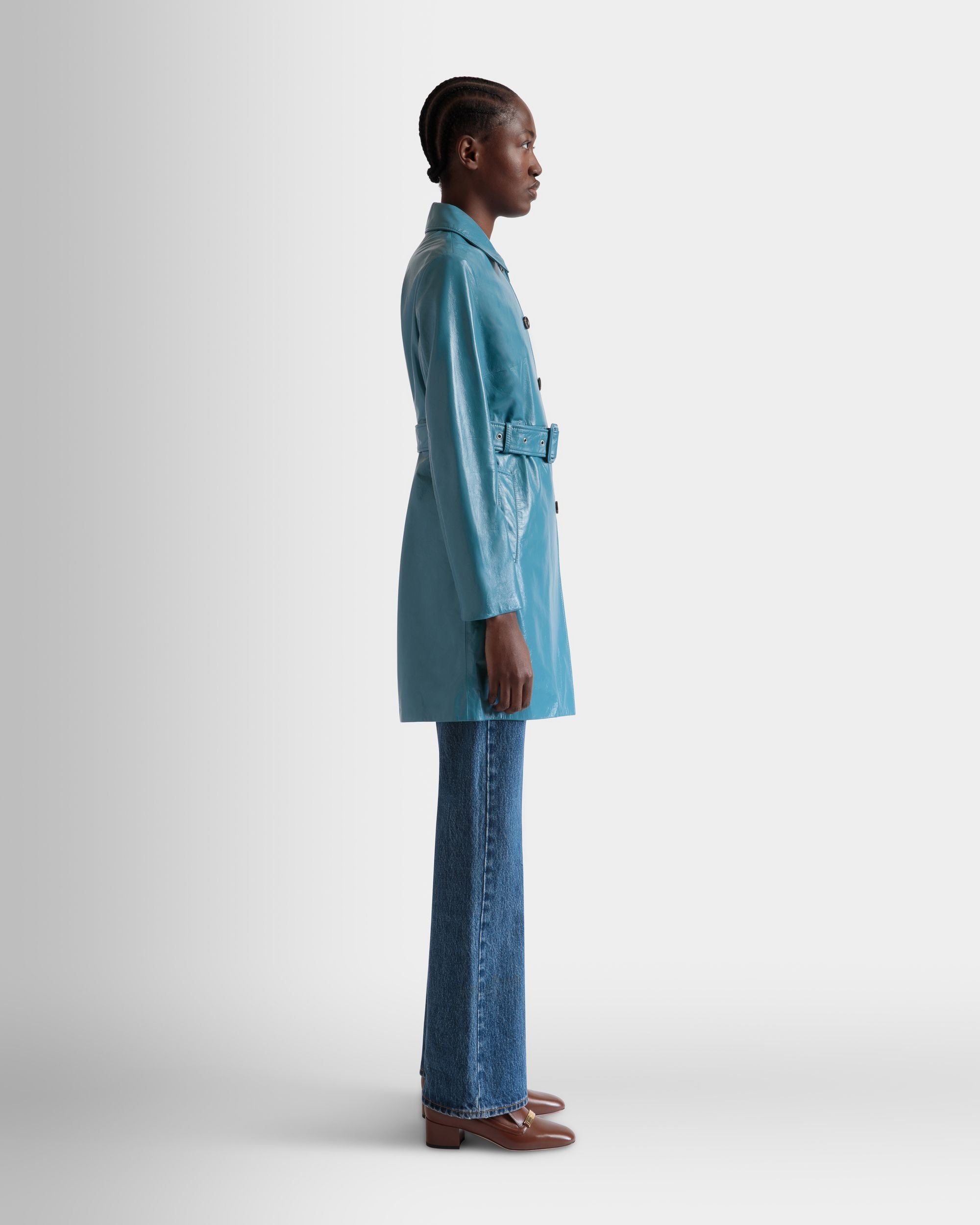 Bally Global - Belted Coat in Medium Blue Leather - Blue
