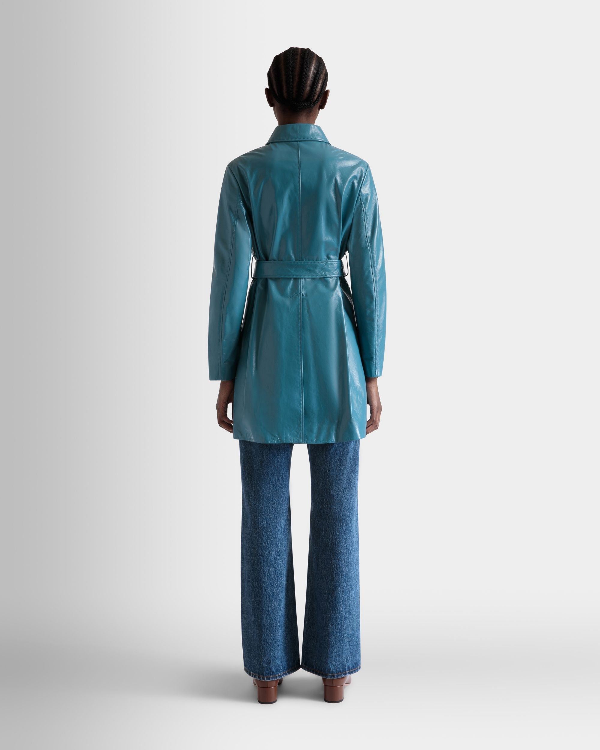 Bally Global - Belted Coat in Medium Blue Leather - Blue