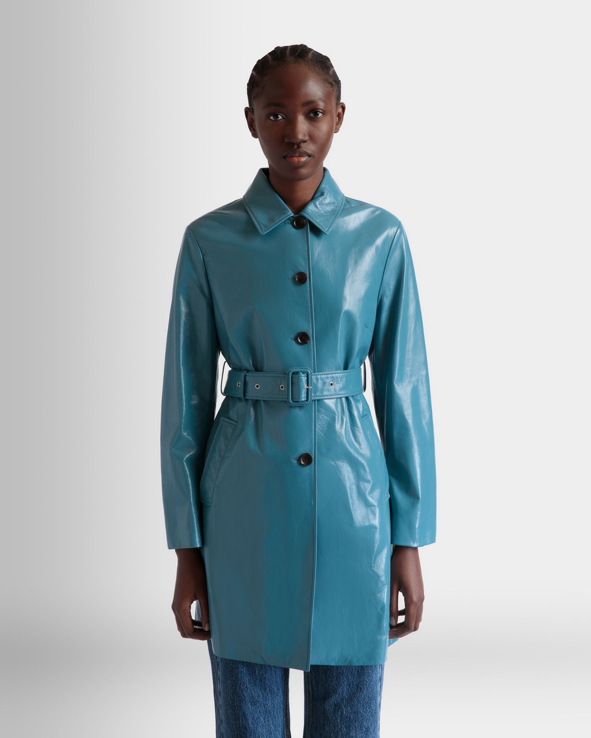 Bally Global - Belted Coat in Medium Blue Leather - Blue