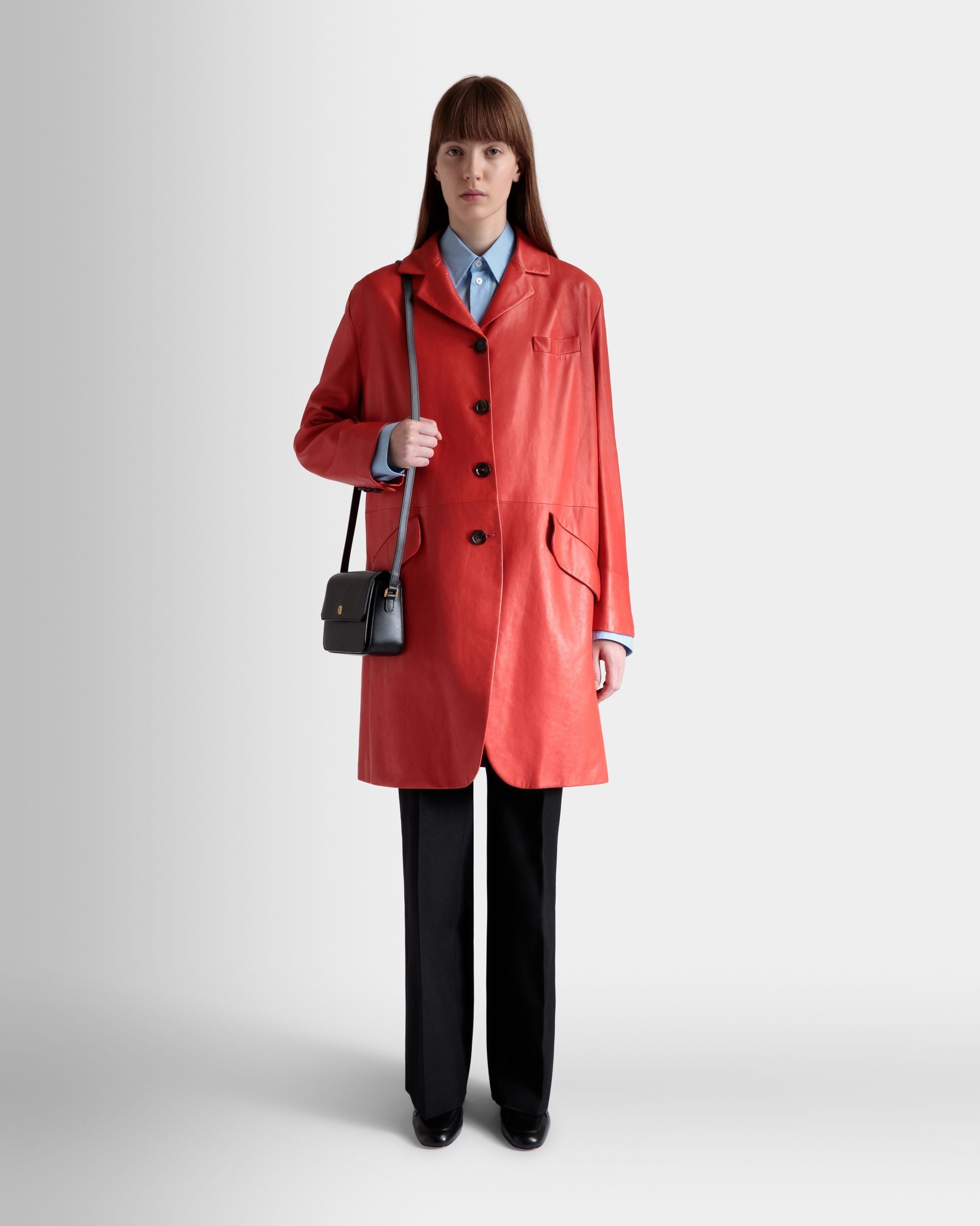 Bally Global - Single-Breasted Midi Coat In Candy Red Leather - Red