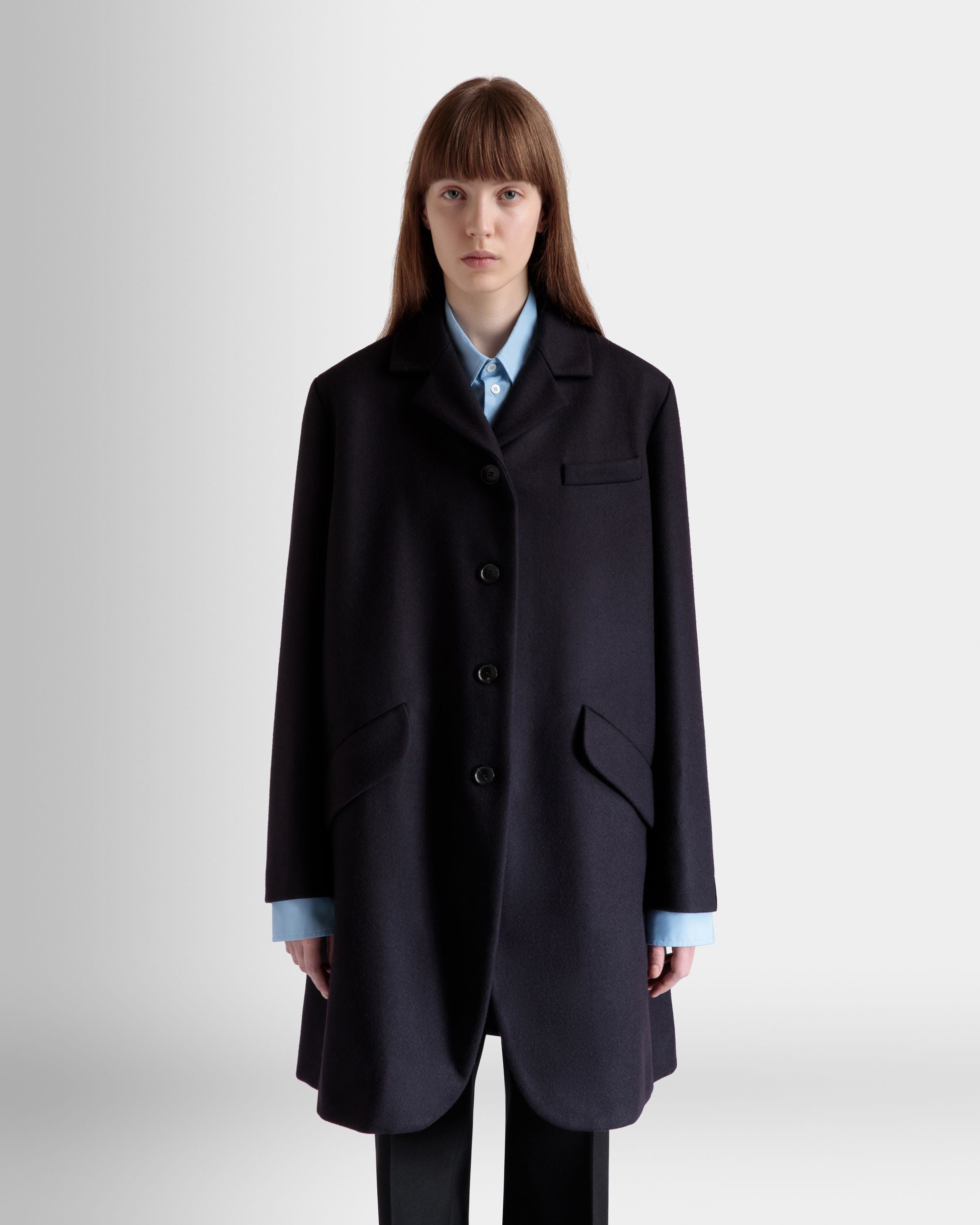 Bally Global - Manteau Midi Droit En Laine Mélangée Navy Blue - Bleu