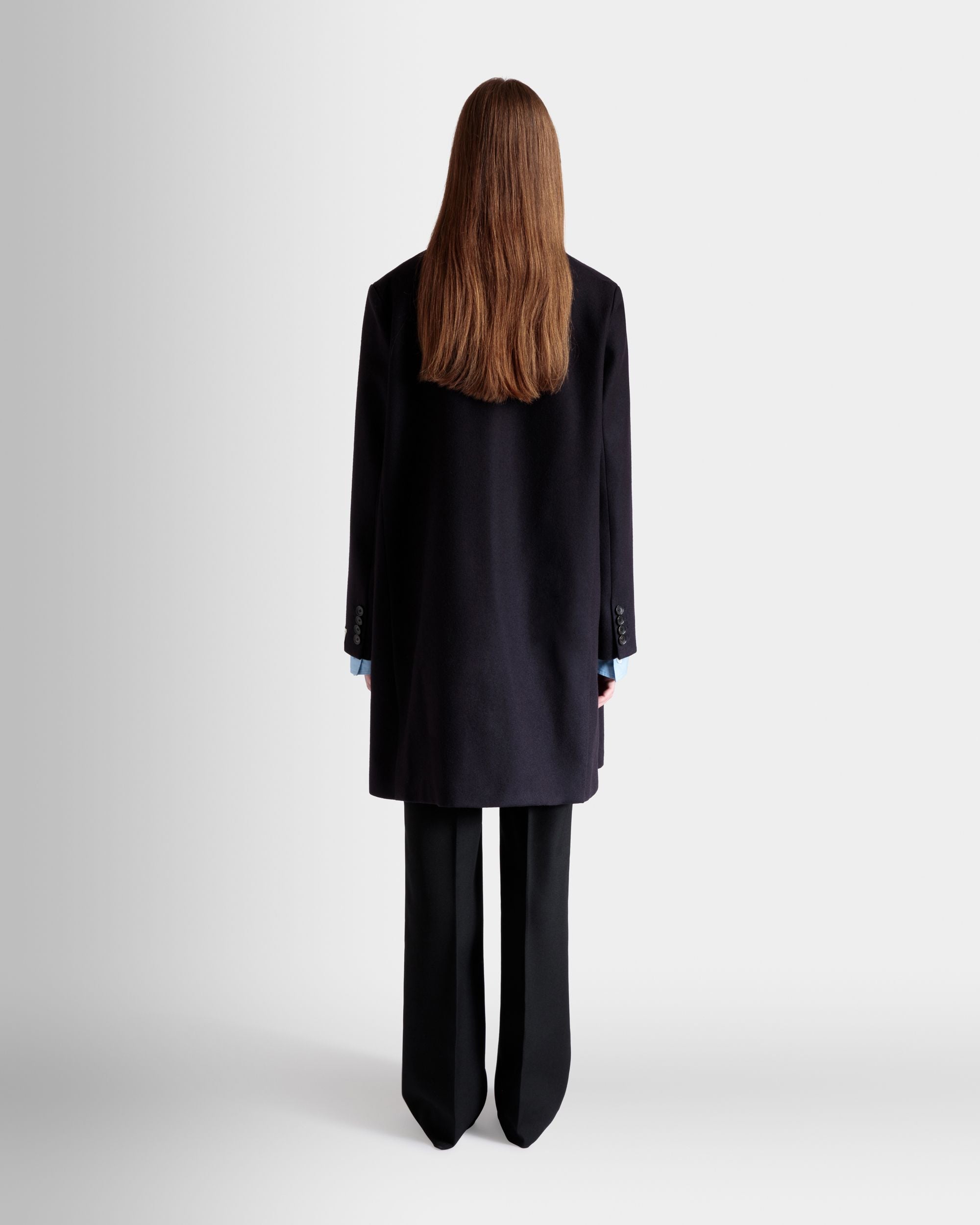 Bally Global - Manteau Midi Droit En Laine Mélangée Navy Blue - Bleu