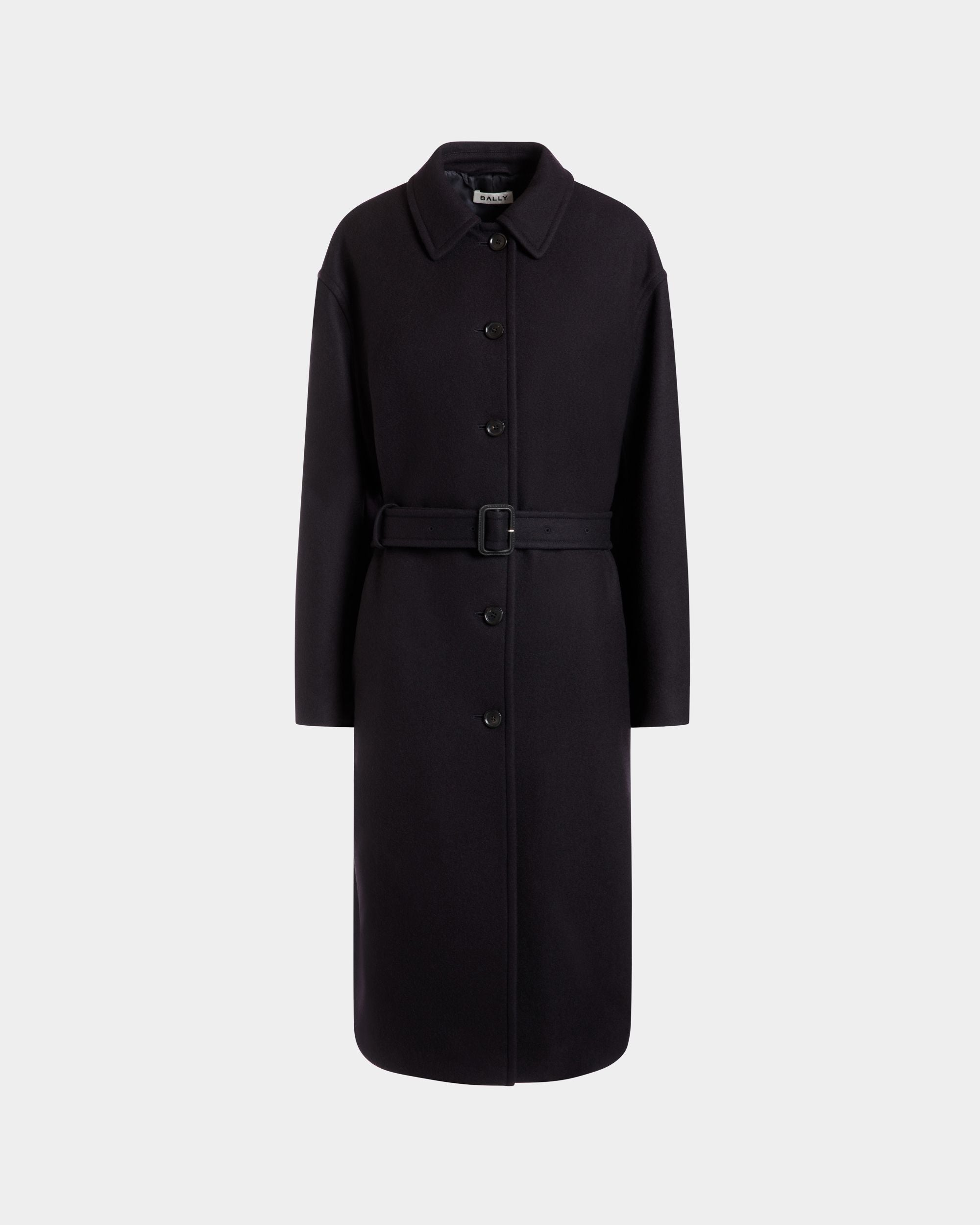 Bally Global - Belted Coat In Navy Blue Wool Blend - Blue