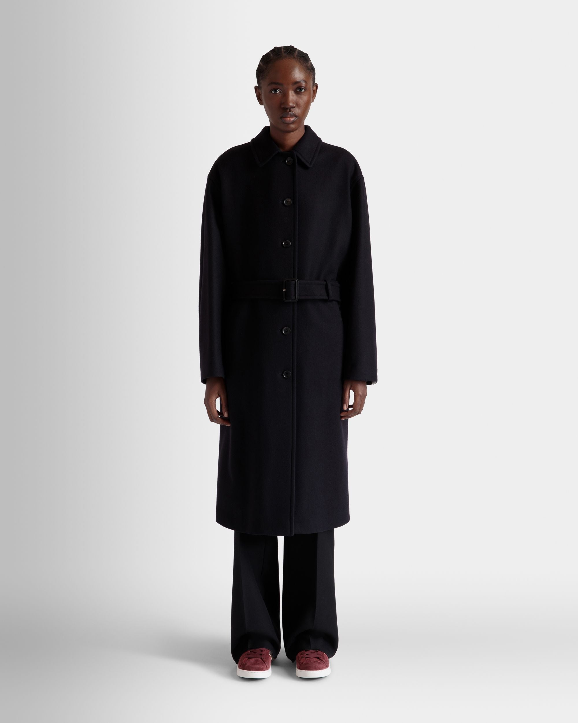 Bally Global - Belted Coat In Navy Blue Wool Blend - Blue