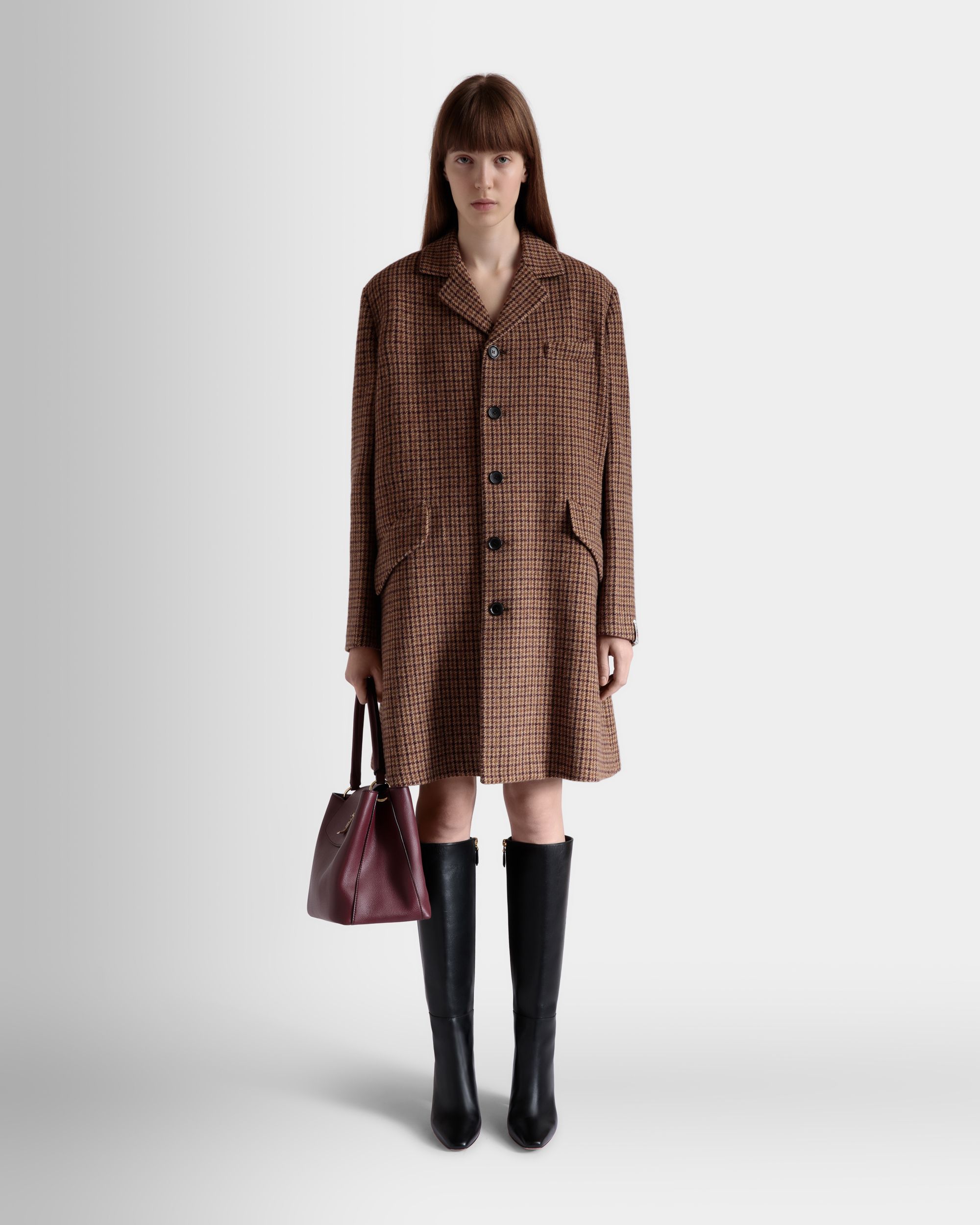 Bally Global - Midi Coat In Multibrown Check Wool - Brown